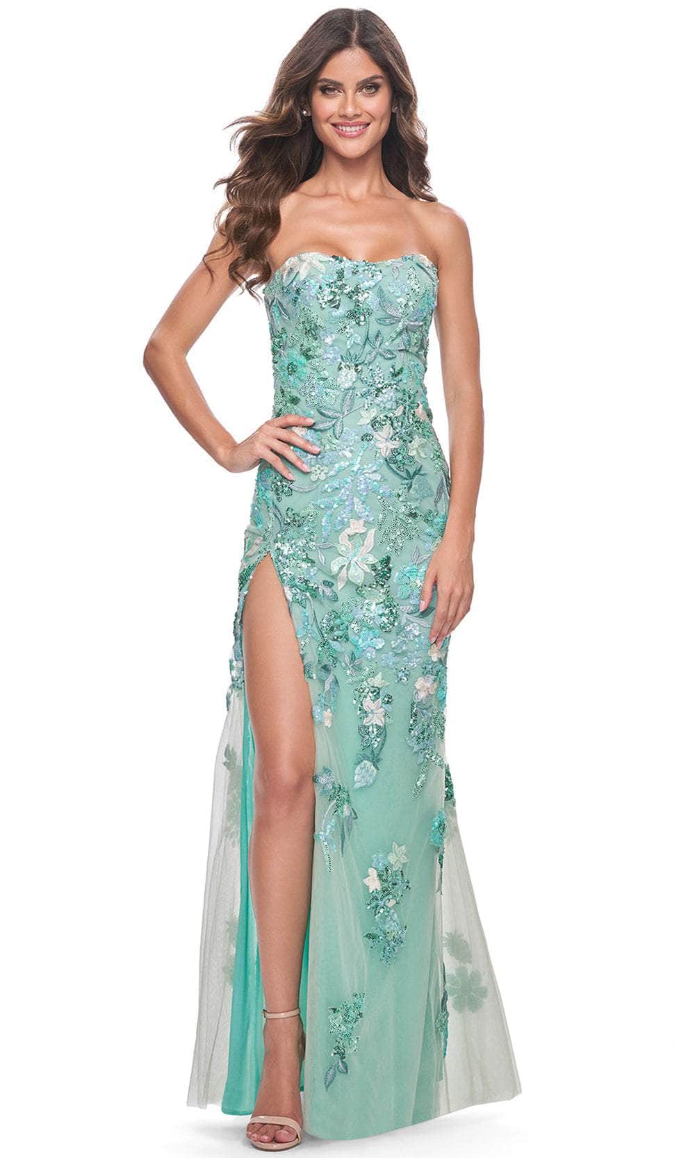 La Femme 32252 - Long Print Sequin Sheath Dress - Corset Bodice, Beaded, Sequin Embellished, Back Zipper Closure, Slit, Train 4 / Sage La Femme 32252 - Long Print Sequin Sheath Dress - Corset Bodice, Beaded, Sequin Embellished, Back Zipper Closure, Slit, Train 4 / Sage