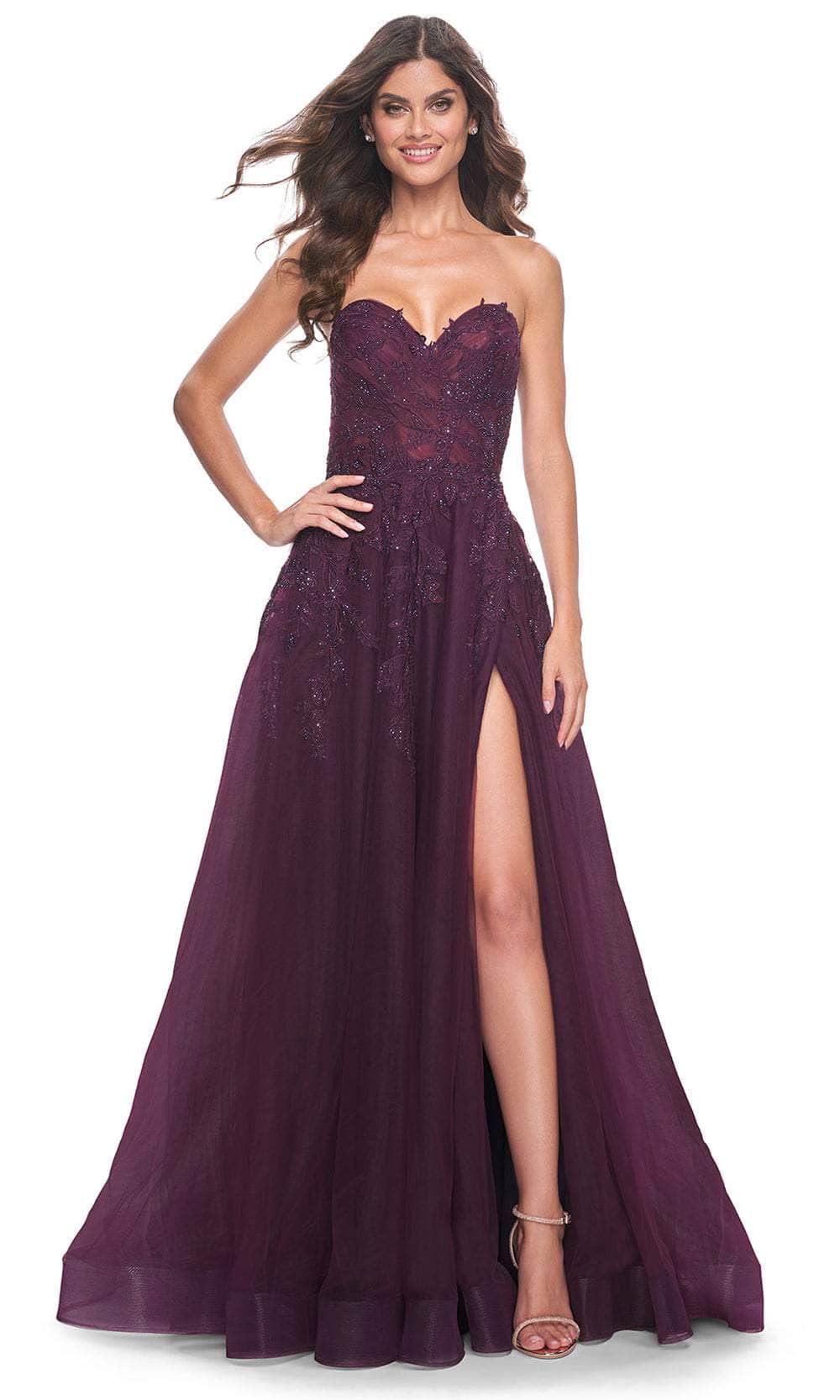 La Femme 32304 - Long Lace/Tulle A Line Dress - Strapless, Lace Applique, Beaded, Ruched Top, Mid-Open Lace-Up Back, High Slit, Sweep Train ADASA La Femme 32304 - Long Lace/Tulle A Line Dress - Strapless, Lace Applique, Beaded, Ruched Top, Mid-Open Lace-Up Back, High Slit, Sweep Train ADASA