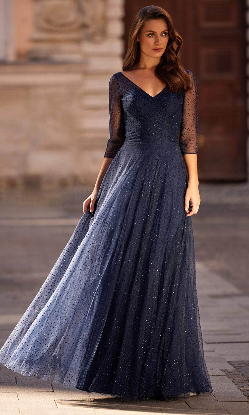 La Femme 32460 - Long Hot Stone Tulle A-line Dress - Beaded texture fabric, Quarter length sleeves, Full skirt, Ruched bodice 12 / Black La Femme 32460 - Long Hot Stone Tulle A-line Dress - Beaded texture fabric, Quarter length sleeves, Full skirt, Ruched bodice 12 / Black