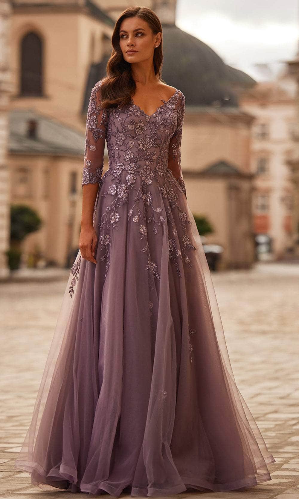 La Femme 32538 - Long Beaded/Tulle A-Line Dress - Quarter Length Sleeves, Floral Accent, Half Sheer Back, Back Zipper, Fully Lined 12 / Navy - Shop La La Femme 32538 - Long Beaded/Tulle A-Line Dress - Quarter Length Sleeves, Floral Accent, Half Sheer Back, Back Zipper, Fully Lined 12 / Navy - Shop La