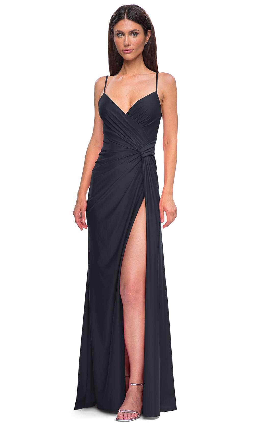 ruched spaghetti strap jersey dress with lace slit La Femme 32964 - Long Metallic Net Jersey Sheath Dress