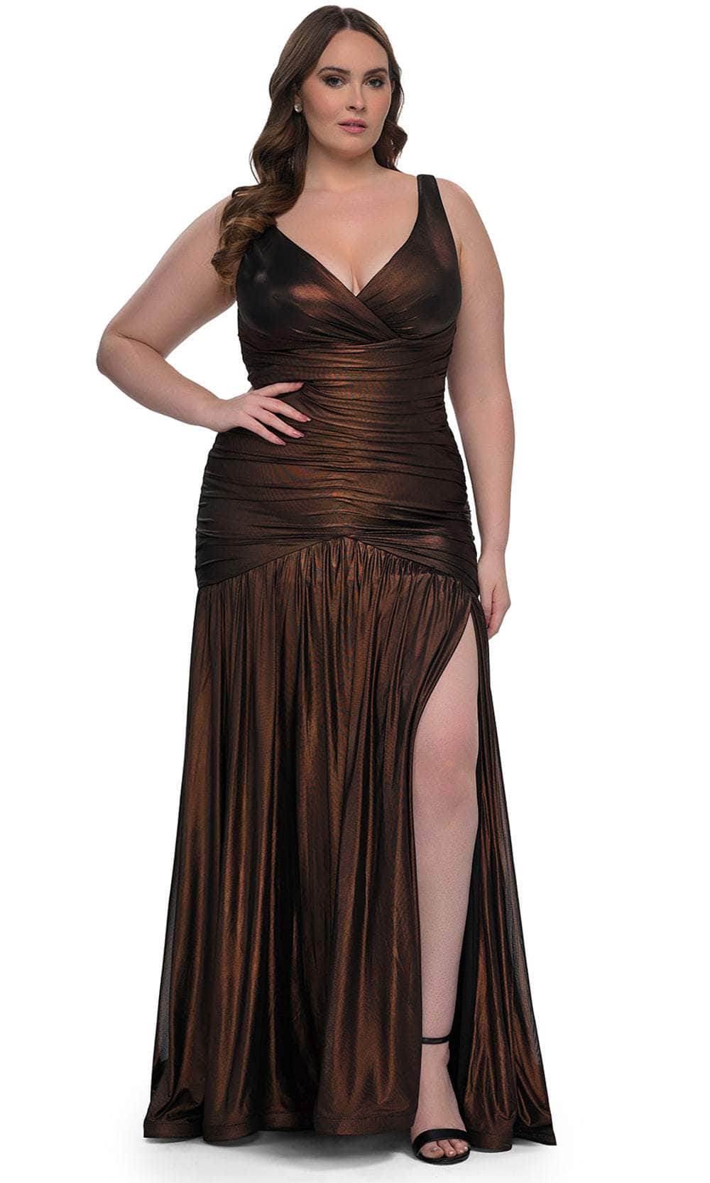 La Femme 33021 - Long Metallic Net Jersey Drop Waist Dress - Sleeveless, Fitted, Ruching, High Slit, Shirred Skirt 24W / Bronze