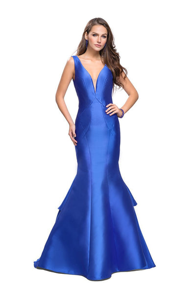 La Femme Gigi - 26046 Deep V-neck Mikado Mermaid Gown Special Occasion Dress 00 / Electric Blue