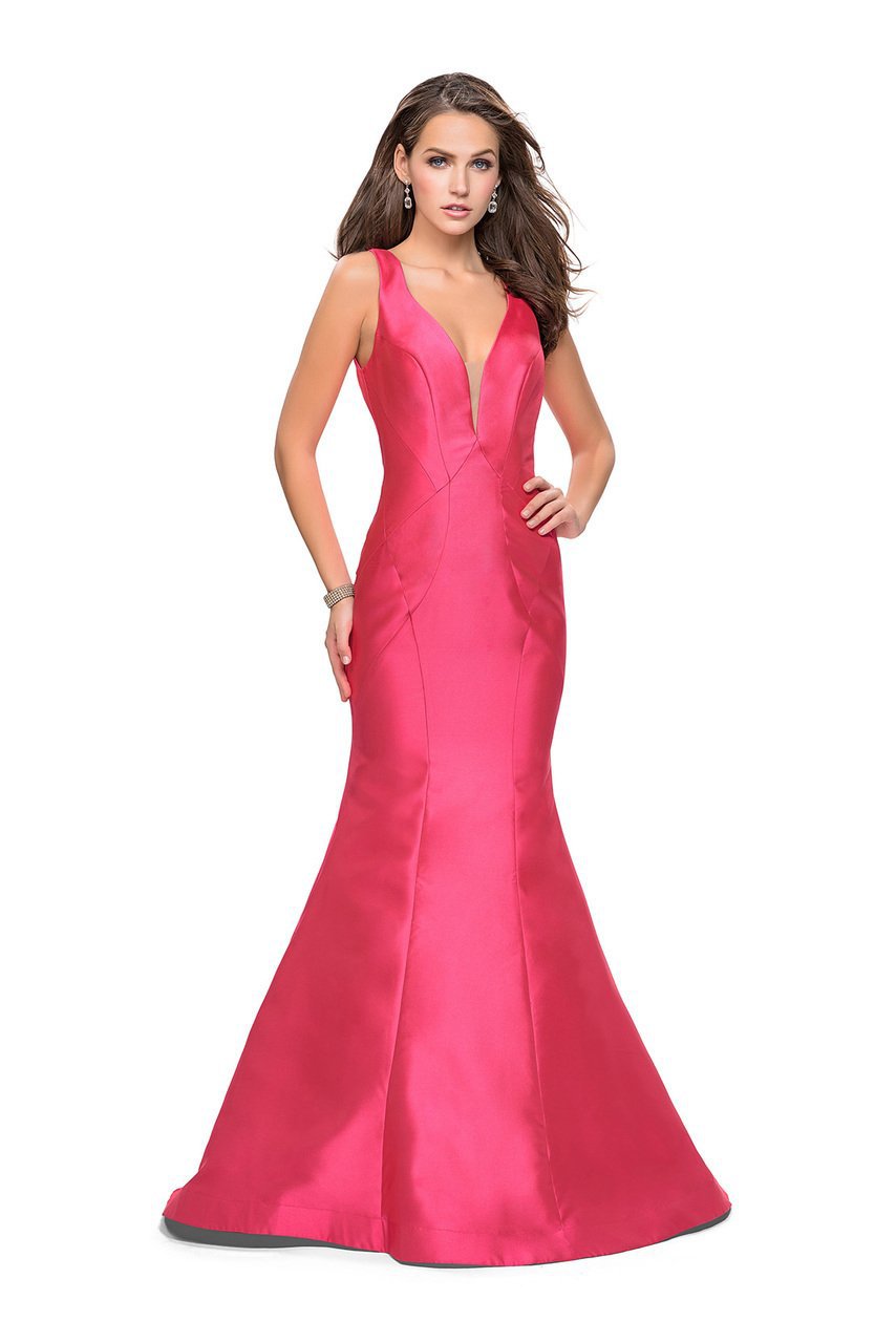 La Femme Gigi - 26046 Deep V-neck Mikado Mermaid Gown Special Occasion Dress 00 / Fuchsia