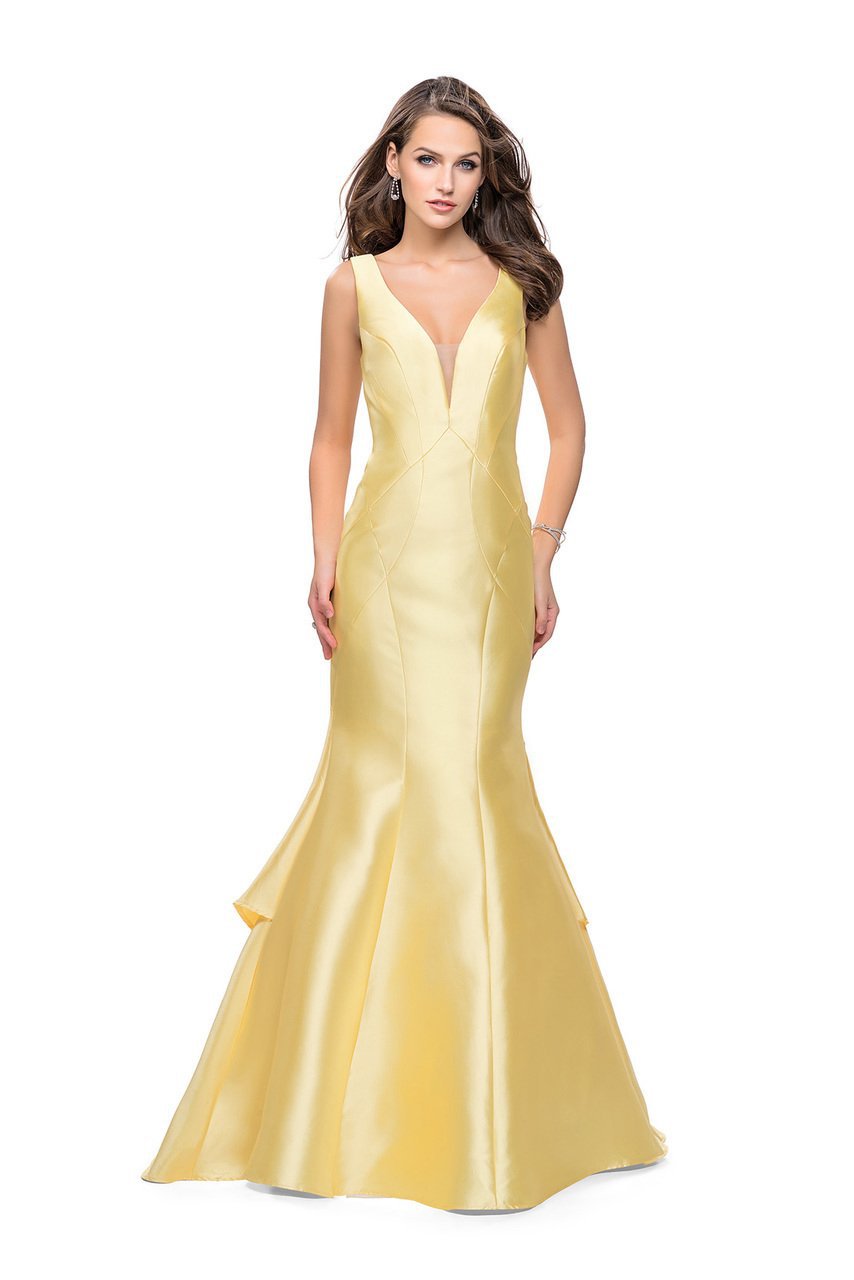 La Femme Gigi - 26046 Deep V-neck Mikado Mermaid Gown Special Occasion Dress 00 / Yellow