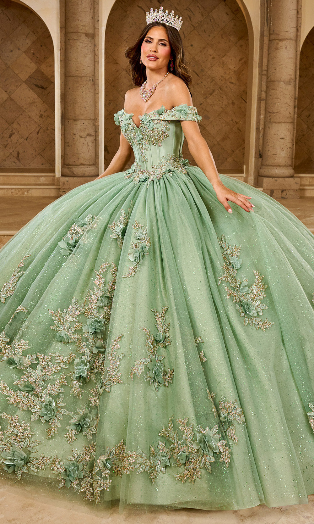 Rachel Allan RQ2210 - Long Taffeta, Glitter Tulle Ballgown Dress - Cap Sleeves, Embroidery, 3D Floral Applique, Embroidery, Beaded, Corset Lace-Up Back ADASA Rachel Allan RQ2210 - Long Taffeta, Glitter Tulle Ballgown Dress - Cap Sleeves, Embroidery, 3D Floral Applique, Embroidery, Beaded, Corset Lace-Up Back ADASA