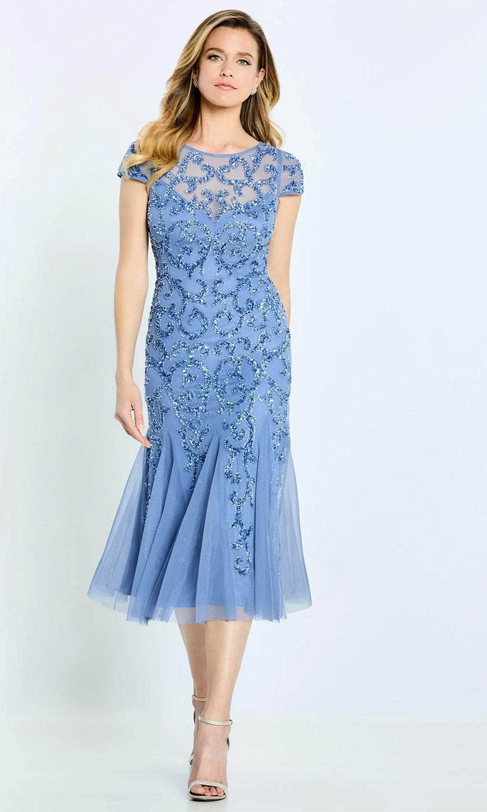 La Valleta LV3600 - Tea Length Beaded Dress Special Occasion Dresses XS / Blue Slate