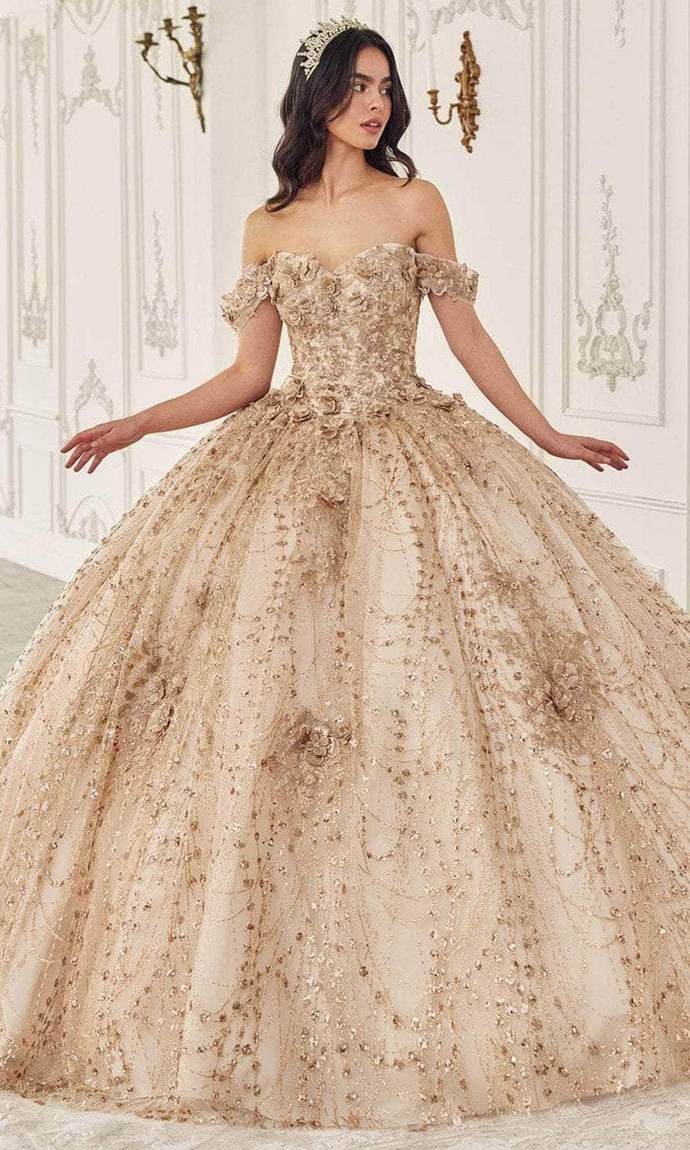 Ladivine 15712 - Long Tulle Ballgown Dress - Embroidery, 3D Floral Appliques, Glitter Embellishments, Lace Up Back, Court Train S / Champagne Ladivine 15712 - Long Tulle Ballgown Dress - Embroidery, 3D Floral Appliques, Glitter Embellishments, Lace Up Back, Court Train S / Champagne