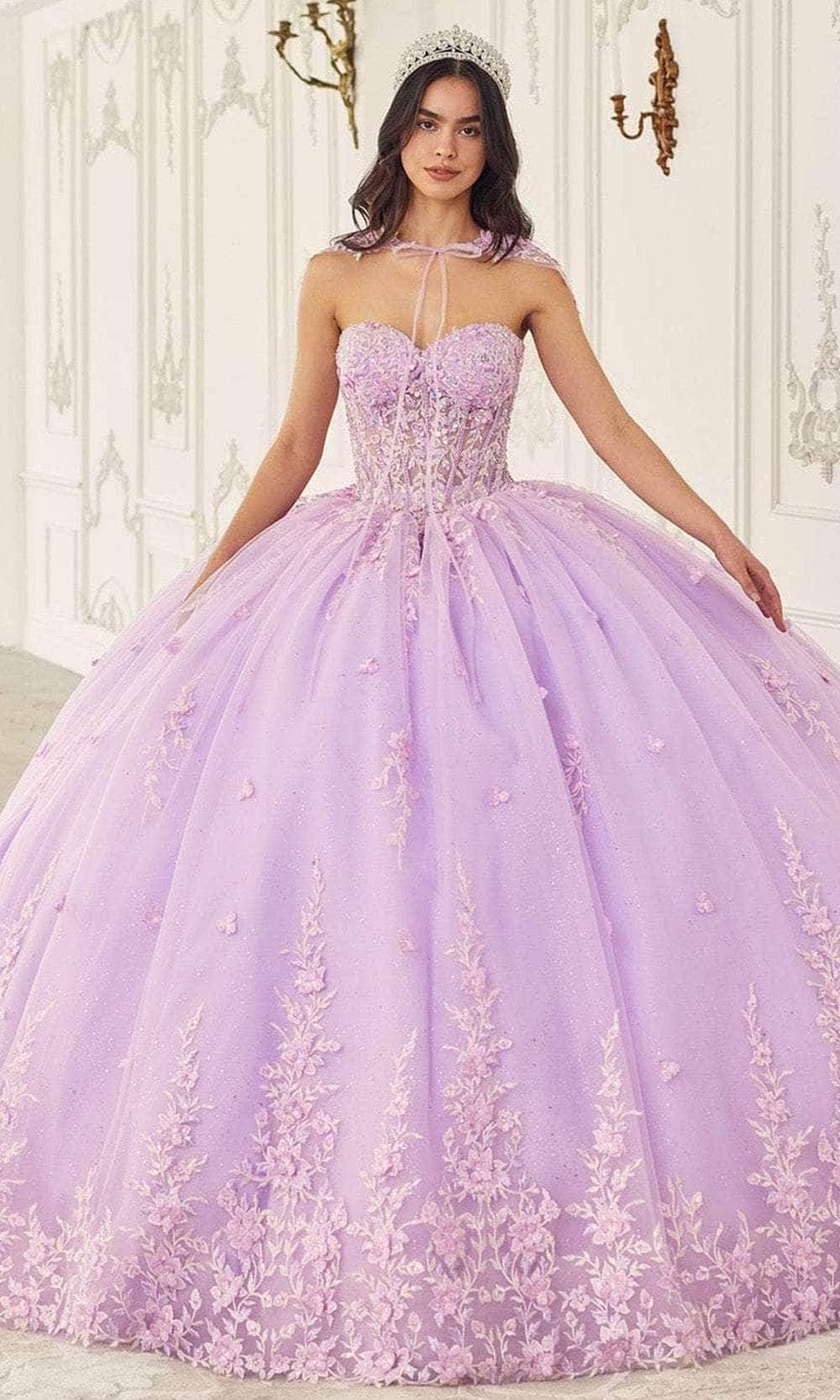 ladivine 15723 - embellished ballgown with cape Special Occasion Dresses Dresses XXS /  Lilac