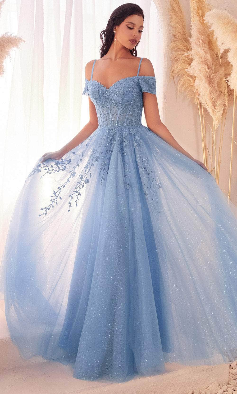 Cinderella Divine C154 - Prom Gown with Embroidered Cold Shoulder Design Cinderella Divine C154 - Prom Gown with Embroidered Cold Shoulder Design