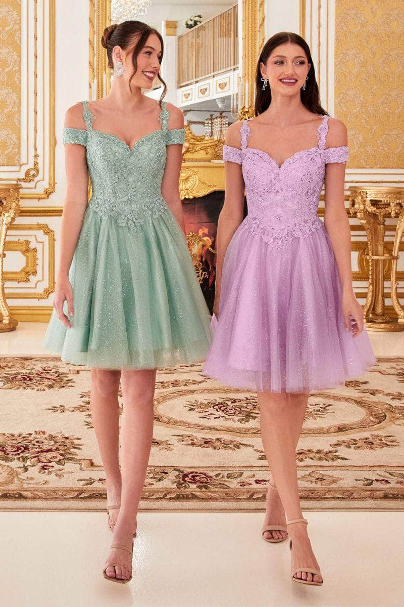 Ladivine CD0132 - Cold Shoulder Glitter Tulle Short Dress Cocktail Dresses