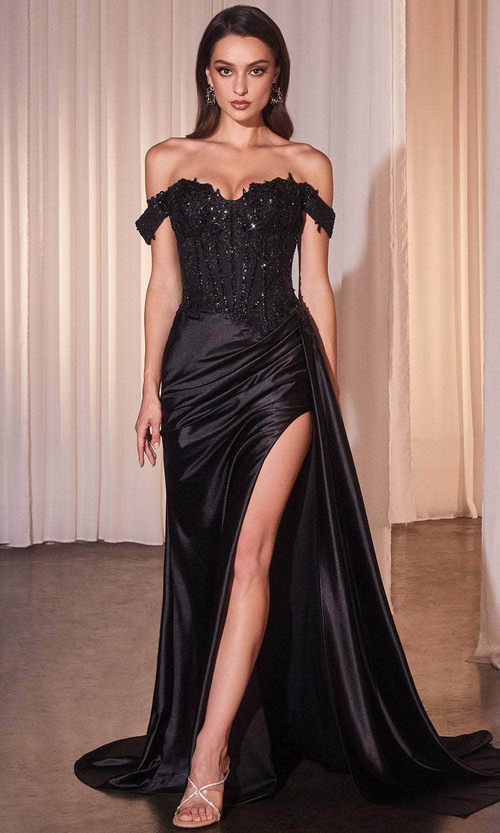 Ladivine CD803 - Long Satin Sheath Dress - Off Shoulder, Corset Boning Bodice, Lace Appliqued, Sequin, Ruched, Side Sash, High Slit, Sweep Train, V-Back ADASA Ladivine CD803 - Long Satin Sheath Dress - Off Shoulder, Corset Boning Bodice, Lace Appliqued, Sequin, Ruched, Side Sash, High Slit, Sweep Train, V-Back ADASA