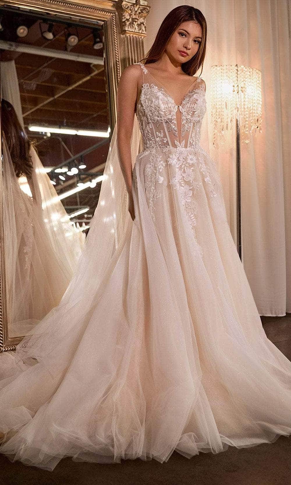 Ladivine CDS476W - Long Tulle A-Line Dress - Beaded, Embroidered, Corset Details, Scoop Illusion Back, Concealed Zipper Closure, Sheer Cape, Court Ladivine CDS476W - Long Tulle A-Line Dress - Beaded, Embroidered, Corset Details, Scoop Illusion Back, Concealed Zipper Closure, Sheer Cape, Court