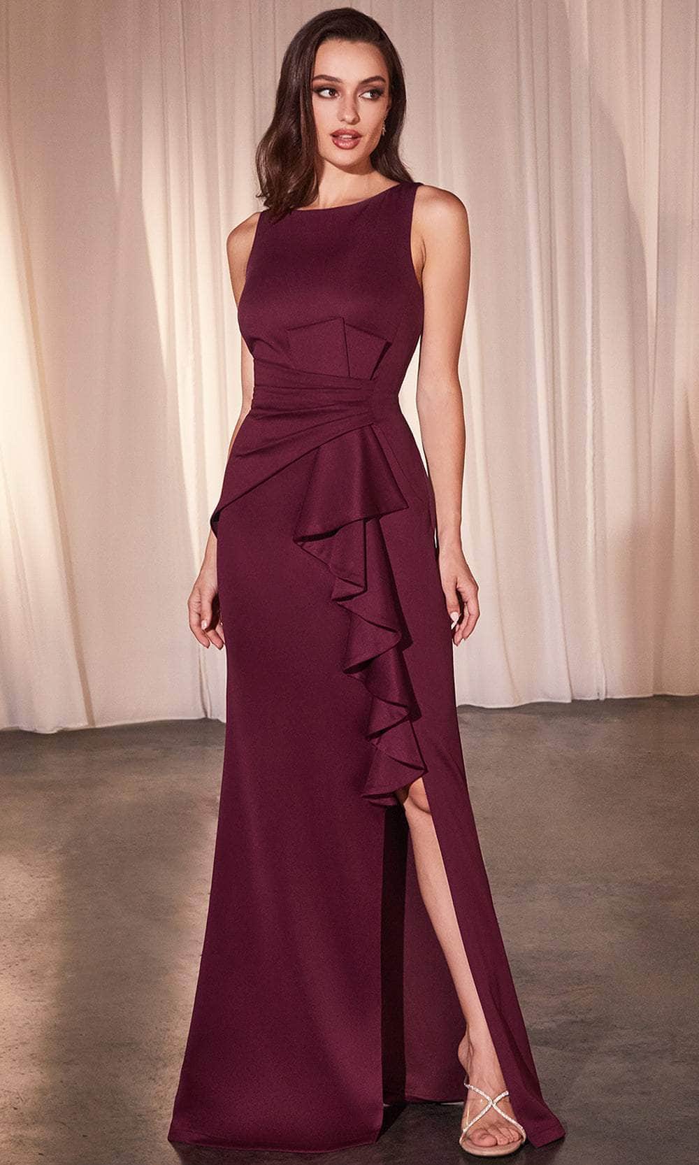 Ladivine CH377 - Long Neoprene Sheath Dress - Sleeveless, Pleated Waist, Cascading Ruffle, Front Slit, V-Back, Fitted 3X / Burgundy Ladivine CH377 - Long Neoprene Sheath Dress - Sleeveless, Pleated Waist, Cascading Ruffle, Front Slit, V-Back, Fitted 3X / Burgundy