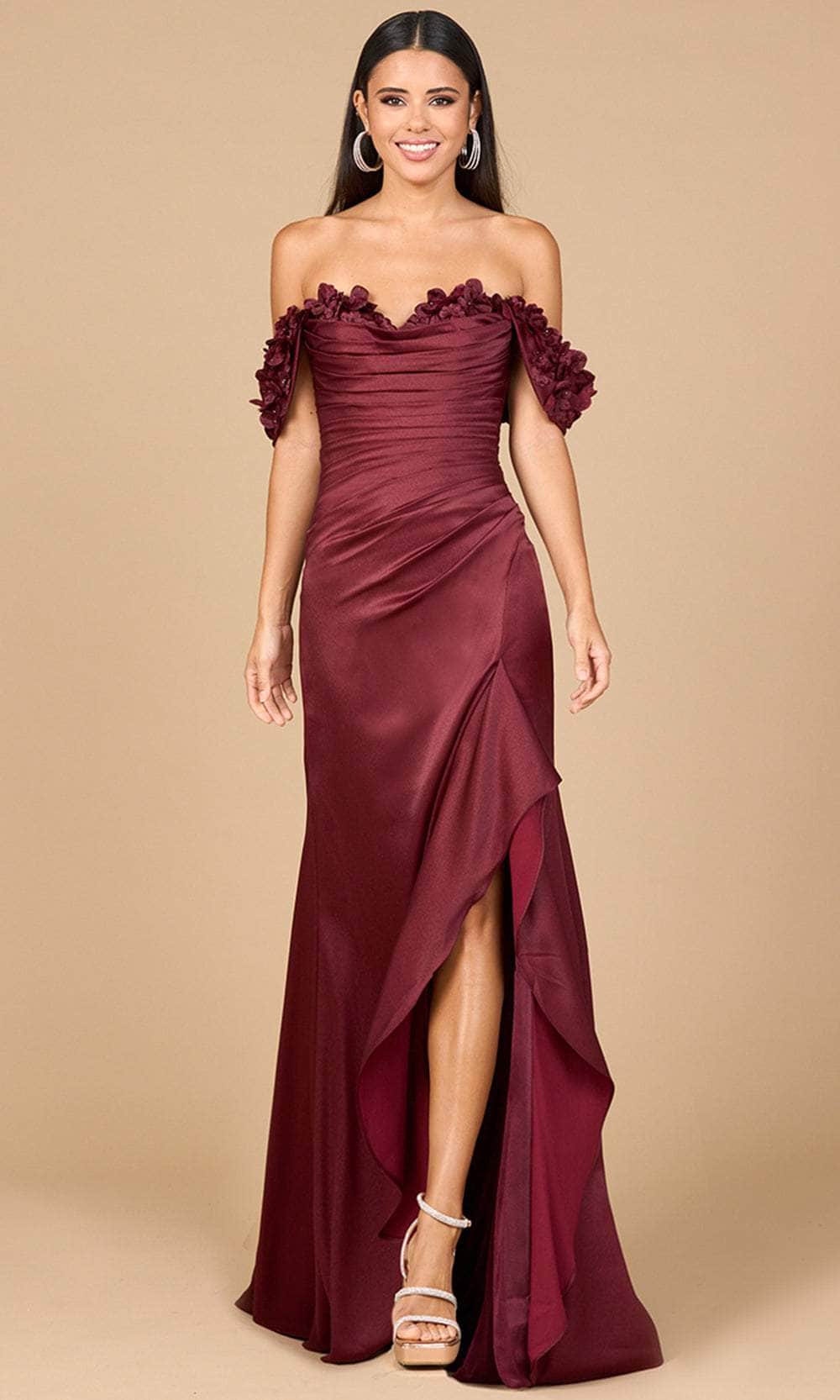 Lara Dresses 28916 - Long Stretch Knit Jersey Sheath Dress - Off Shoulder, 3D Floral Applique, Ruched, High Slit, Ruffle, Mid-Open Back, Sweep Train ADASA Lara Dresses 28916 - Long Stretch Knit Jersey Sheath Dress - Off Shoulder, 3D Floral Applique, Ruched, High Slit, Ruffle, Mid-Open Back, Sweep Train ADASA