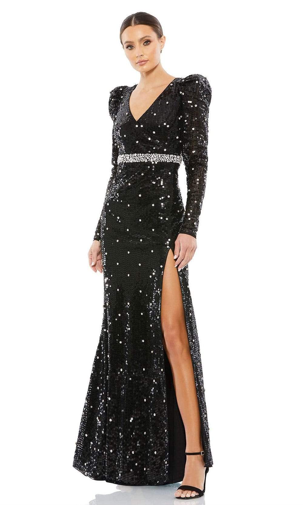 Mac Duggal 10736 - Long Sheath Dress - Puffed Long Sleeves, V-Neck, Surplice Bodice, Sequin, Beaded Waistband, High Slit, Full Back, Back Zipper ADASA Mac Duggal 10736 - Long Sheath Dress - Puffed Long Sleeves, V-Neck, Surplice Bodice, Sequin, Beaded Waistband, High Slit, Full Back, Back Zipper ADASA