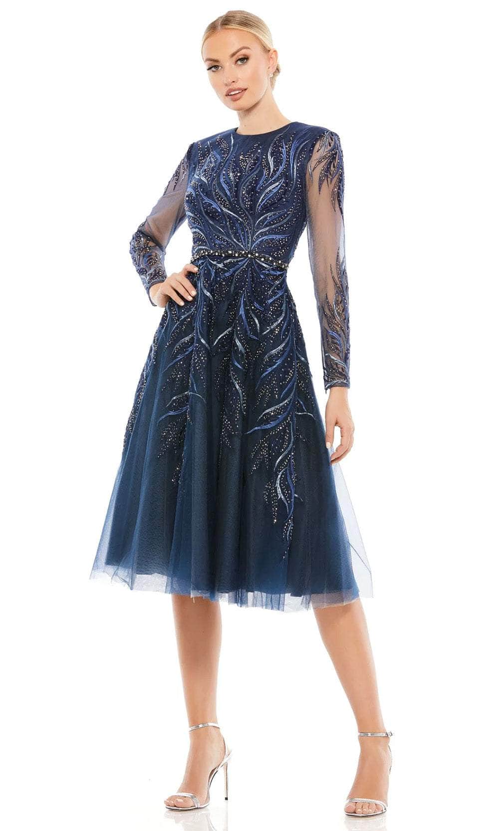 Mac Duggal 11136 - Long Sleeve Beaded Knee-Length Dress Cocktail Dresses 16 / Twilight