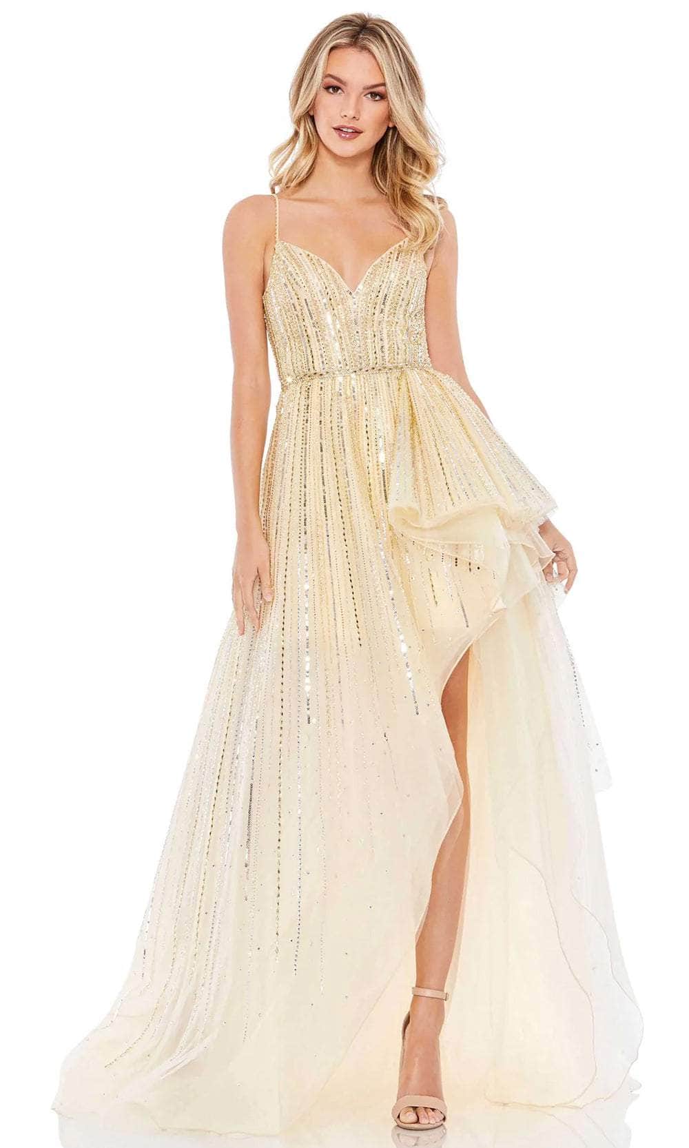Mac Duggal 70124 - Long Tulle A-Line Dress - Beaded Tulle Overlay, Beaded Straps, Bead-Embellished, Asymmetrical Hem, High Slit, Sweep Train ADASA Mac Duggal 70124 - Long Tulle A-Line Dress - Beaded Tulle Overlay, Beaded Straps, Bead-Embellished, Asymmetrical Hem, High Slit, Sweep Train ADASA
