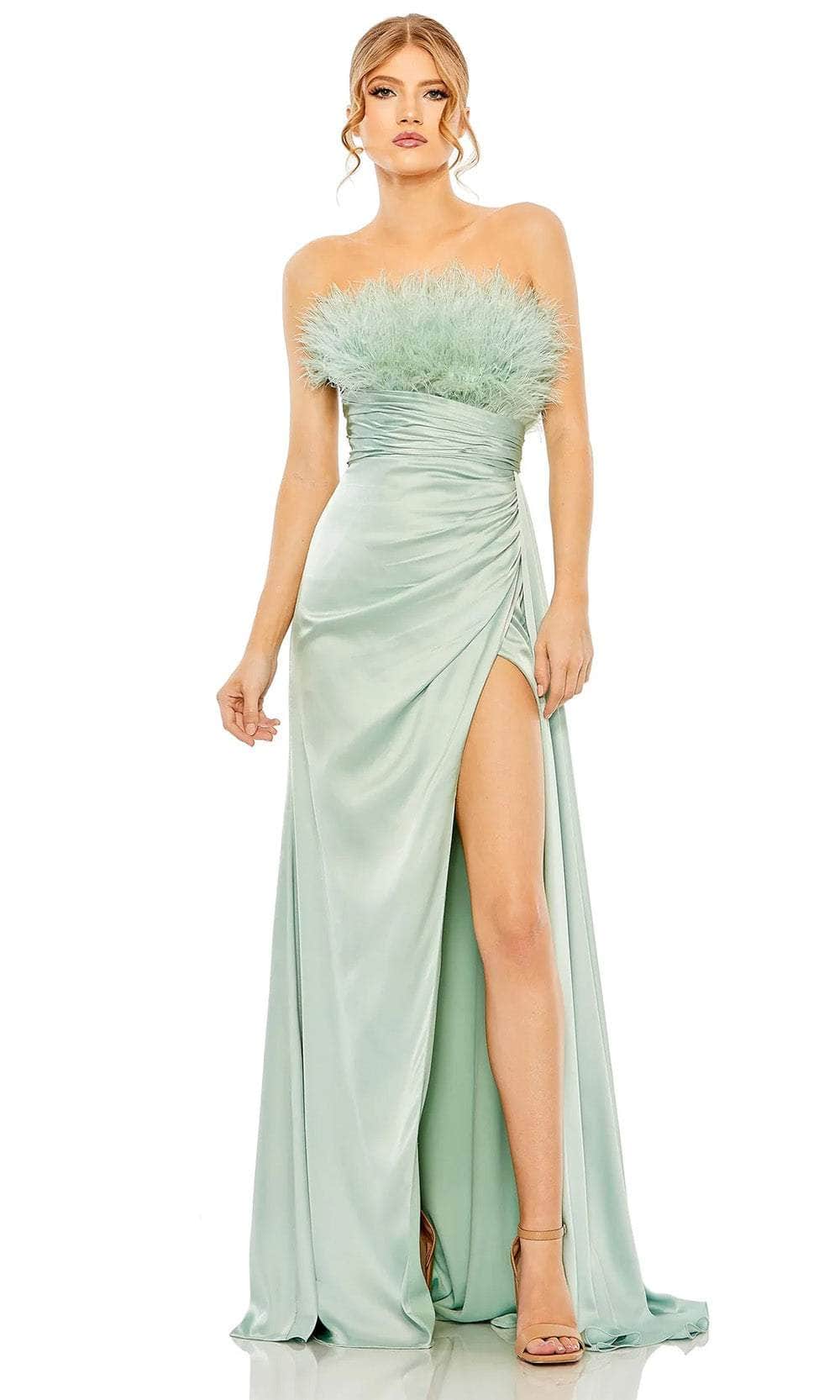 Mac Duggal Women's Strapless Feather Detail Satin Gown - Seafoam Mac Duggal Women's Strapless Feather Detail Satin Gown - Seafoam