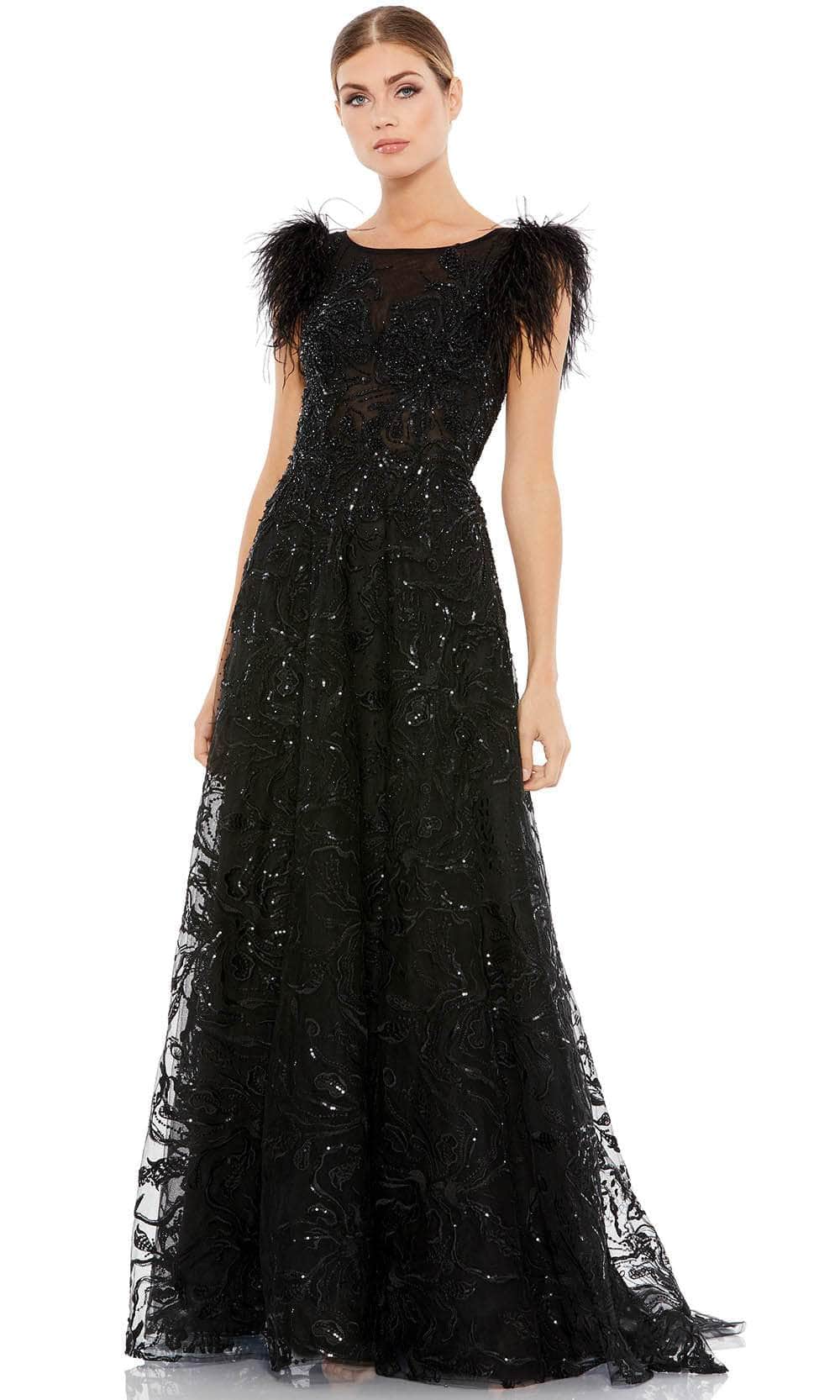 mac duggal black embroidered dress Mac Duggal Floral Embroidered Tulle Sleeveless V-Neck A-Line Gown, Womens, 6, Black Multi