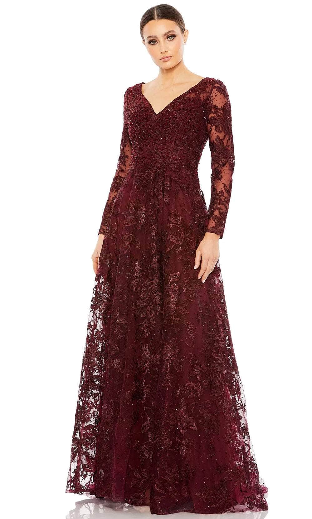 Embroidered Illusion Long Sleeve V Neck Gown - Mac Duggal Mahogany / US 10 Embroidered Illusion Long Sleeve V Neck Gown - Mac Duggal Mahogany / US 10