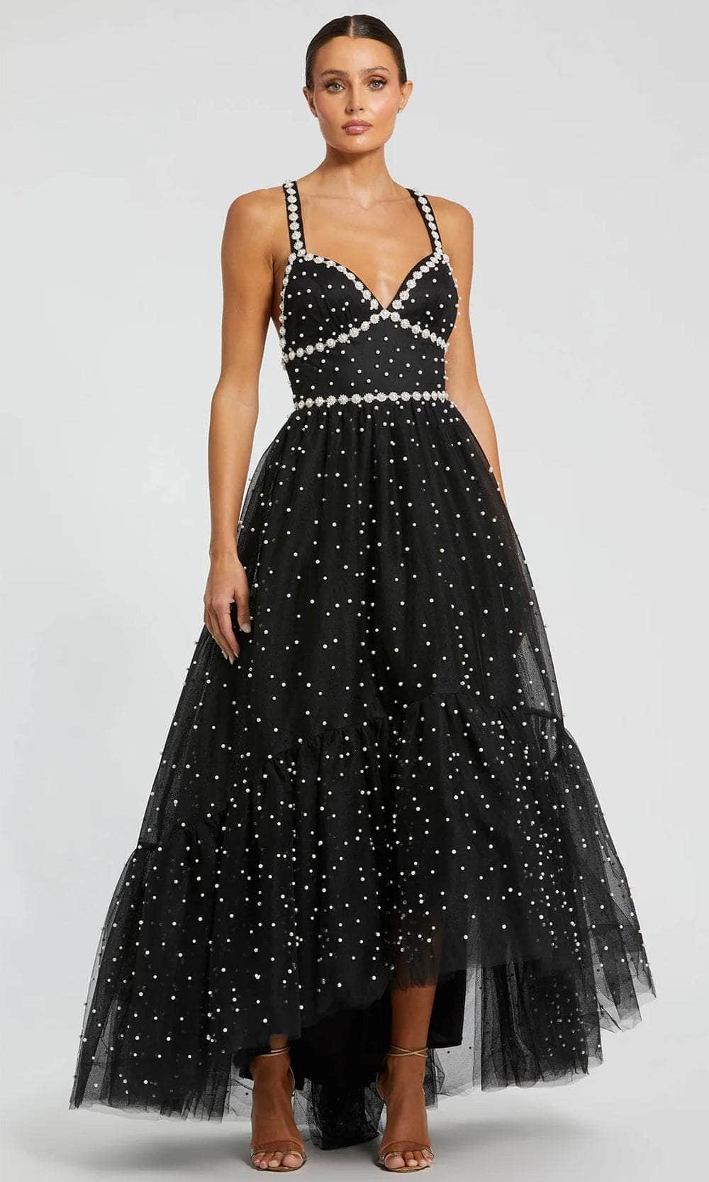 Mac Duggal Pearl Beaded High Low Gown - Black Ivory Mac Duggal Pearl Beaded High Low Gown - Black Ivory