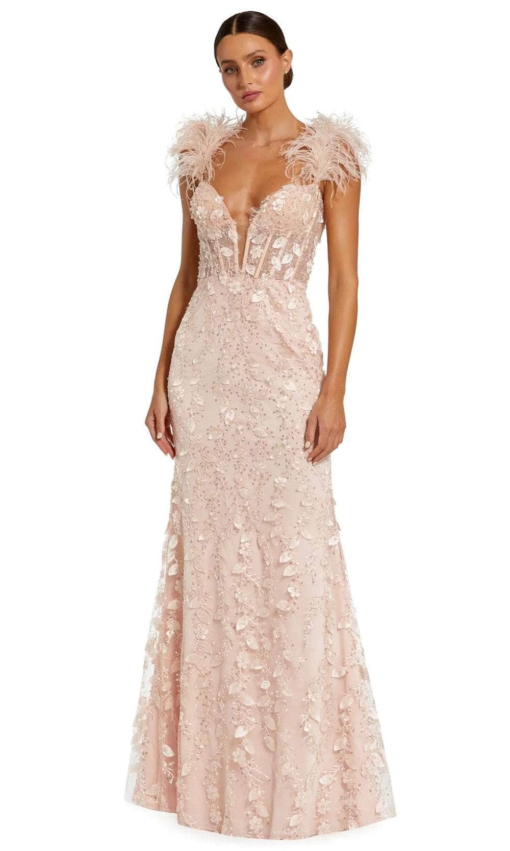 Mac Duggal 20889 - Feathered Corset Evening Gown Prom Dresses 0 / Peach