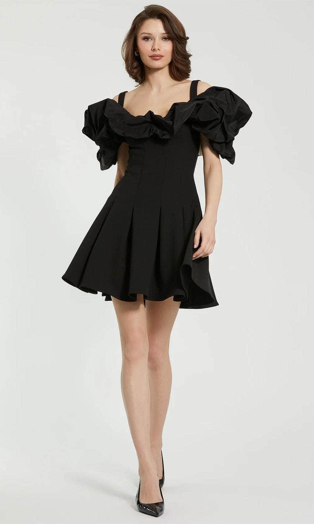 Mac Duggal Crepe Godet Hem Mini Dress with Faille Ruffle Black Size 0