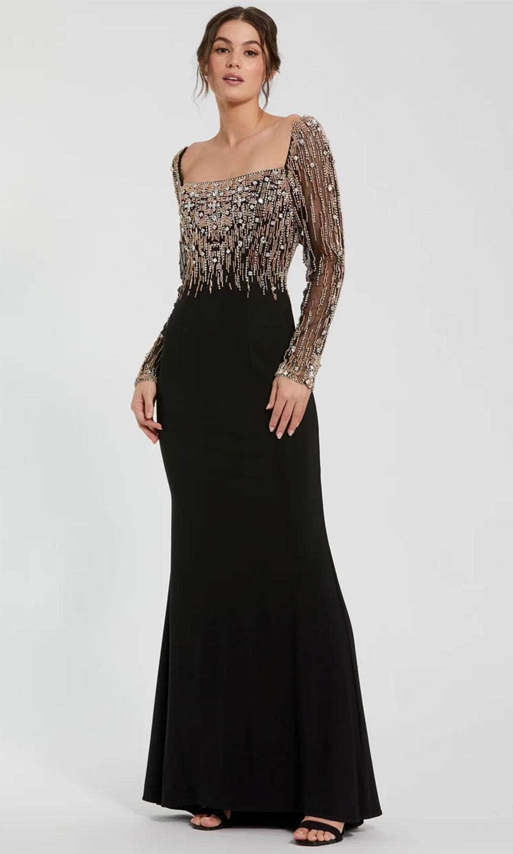 Mac Duggal - Black Beaded Square Neck Long Sleeve Jersey Gown - US 12 Mac Duggal - Black Beaded Square Neck Long Sleeve Jersey Gown - US 12