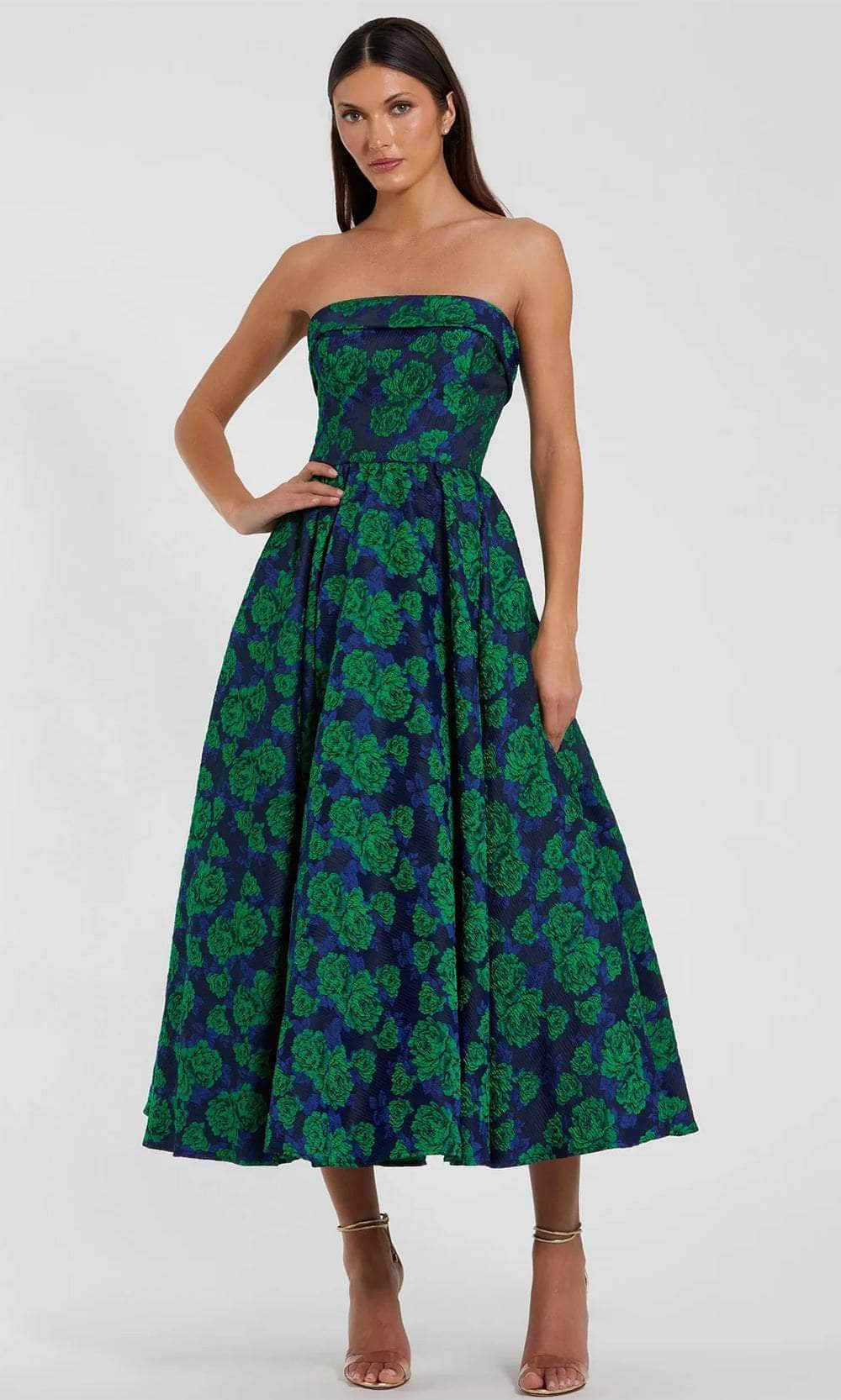 Mac Duggal Brocade Strapless A-Line Midi Dress - Emerald Multi Mac Duggal Brocade Strapless A-Line Midi Dress - Emerald Multi