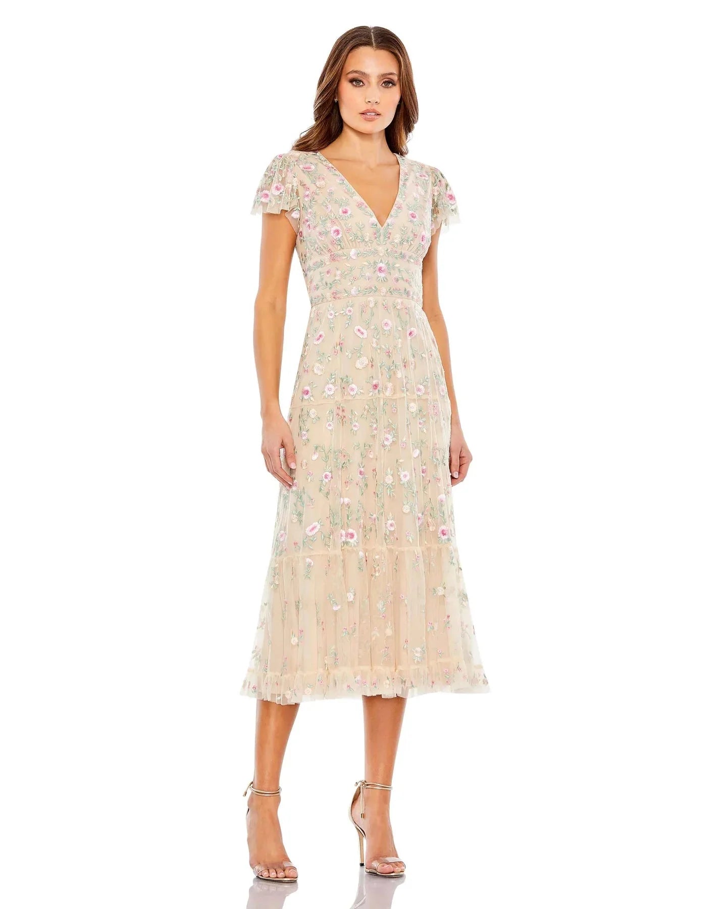 Mac Duggal - 35104 Deep V-Neck Floral Sheath Dress Cocktail Dresses 2 / Nude Multi
