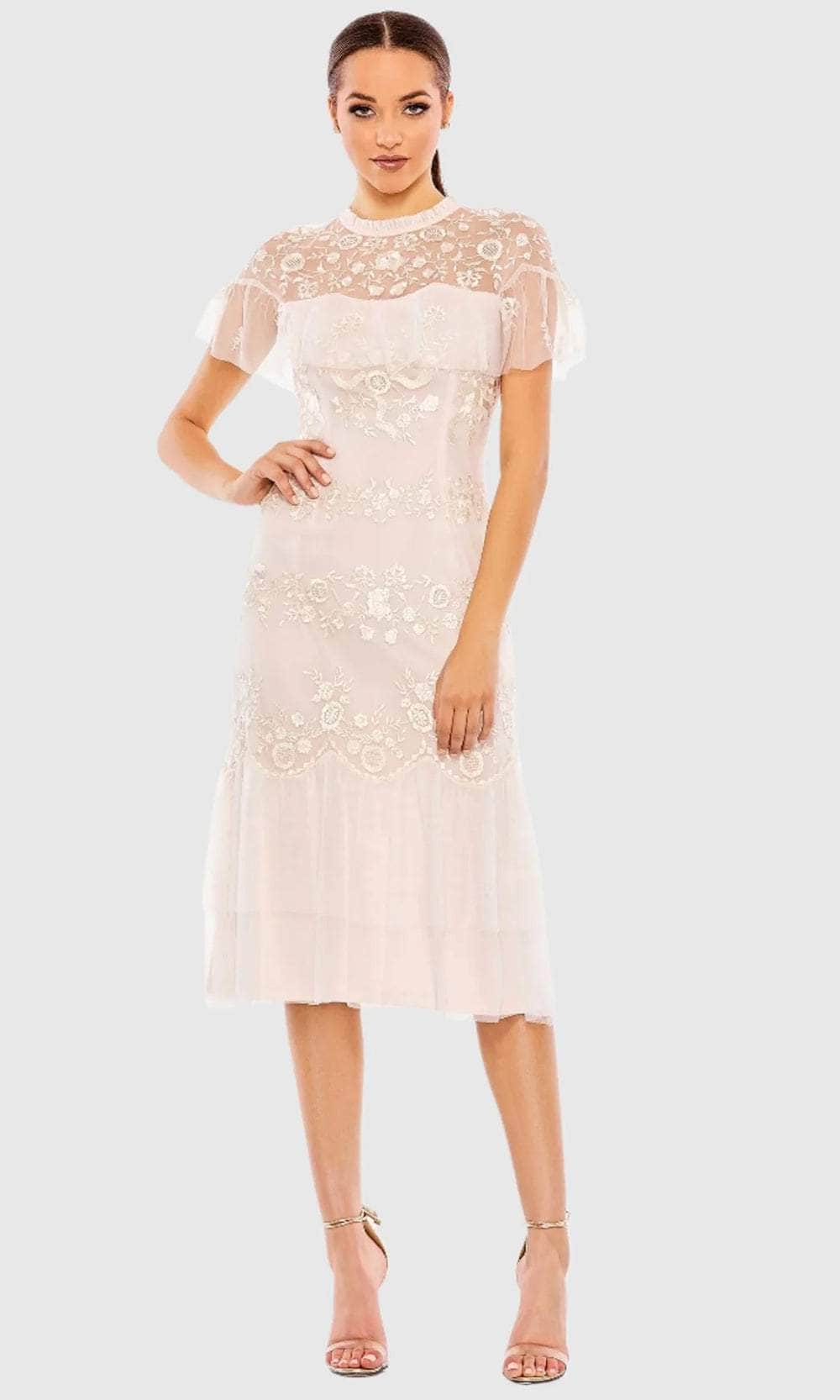 Mac Duggal 35147 - Tea Length Embroidery fabric (100% polyester) Sheath  Dress - Floral Embroidery, Ruffles, Illusion Yoke, Short Sleeve, Full Back,  Tiered Skirt  ADASA