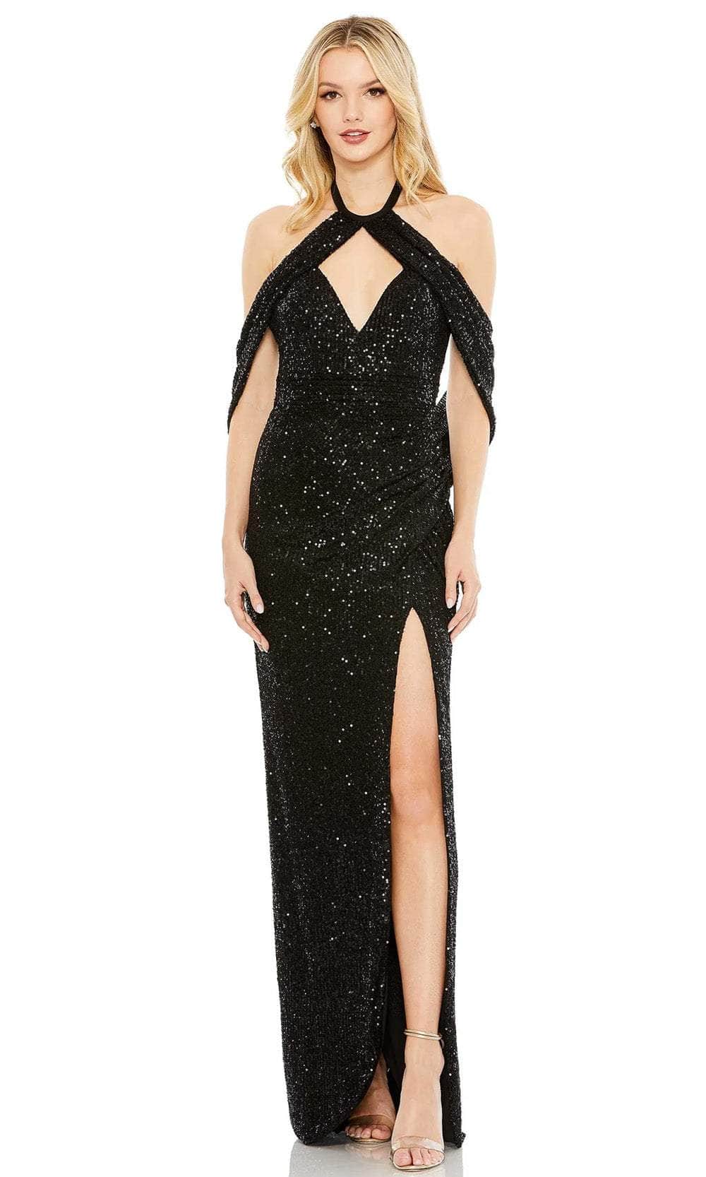 mac duggal sequin draped-back dress Silver Sequined One Shoulder Draped Lace Up Gown