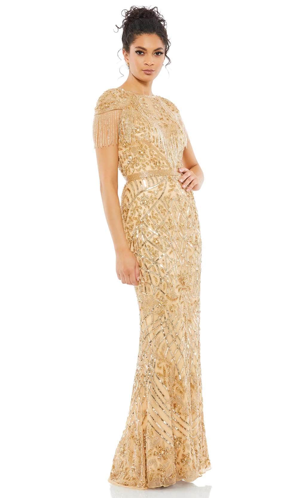 Mac Duggal - Gold Embellished Fringe Cap Sleeve Trumpet Gown - Light Gold / US 12 Mac Duggal - Gold Embellished Fringe Cap Sleeve Trumpet Gown - Light Gold / US 12