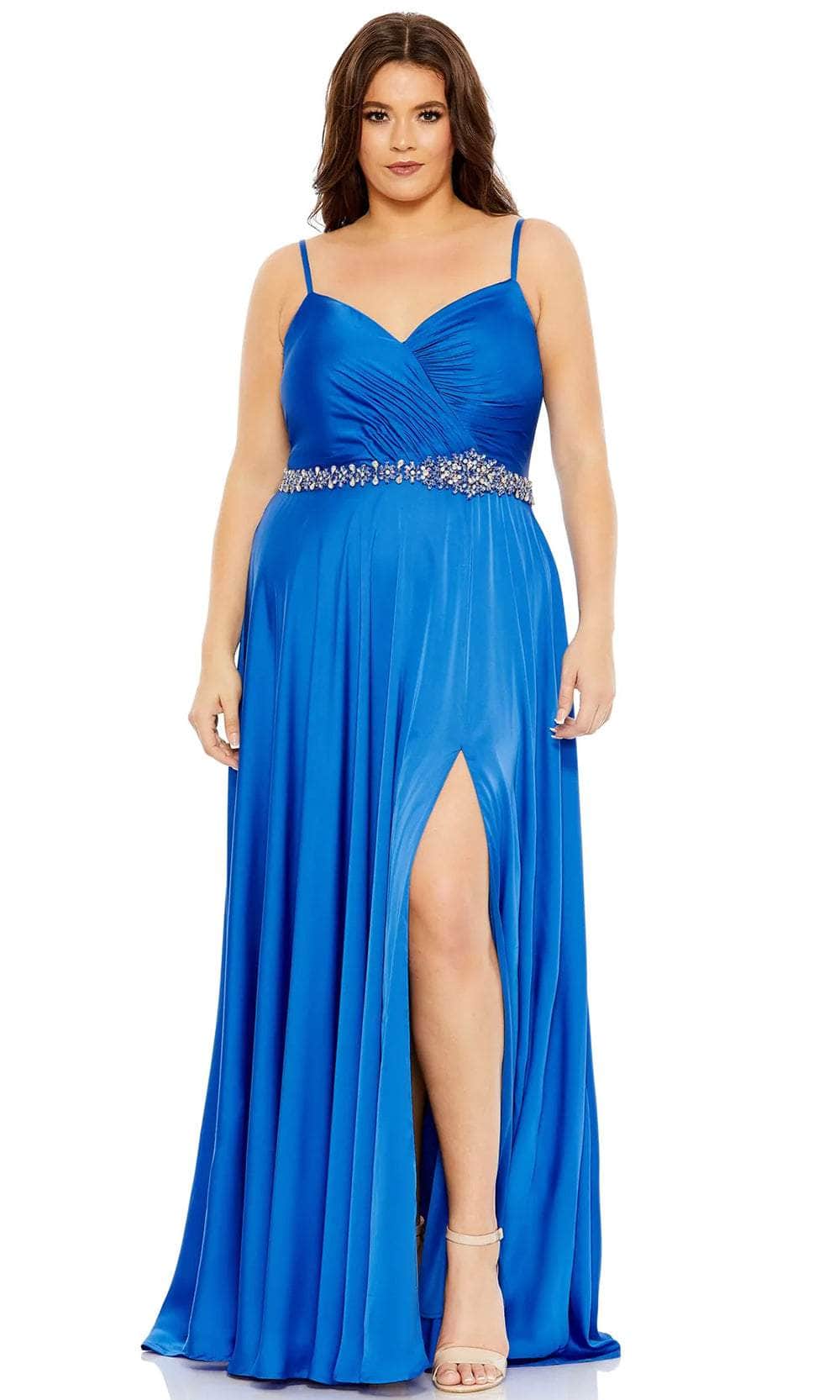 Beaded Belt Faux Wrap A Line Gown (Plus) - Mac Duggal Cobalt / US 14W Beaded Belt Faux Wrap A Line Gown (Plus) - Mac Duggal Cobalt / US 14W