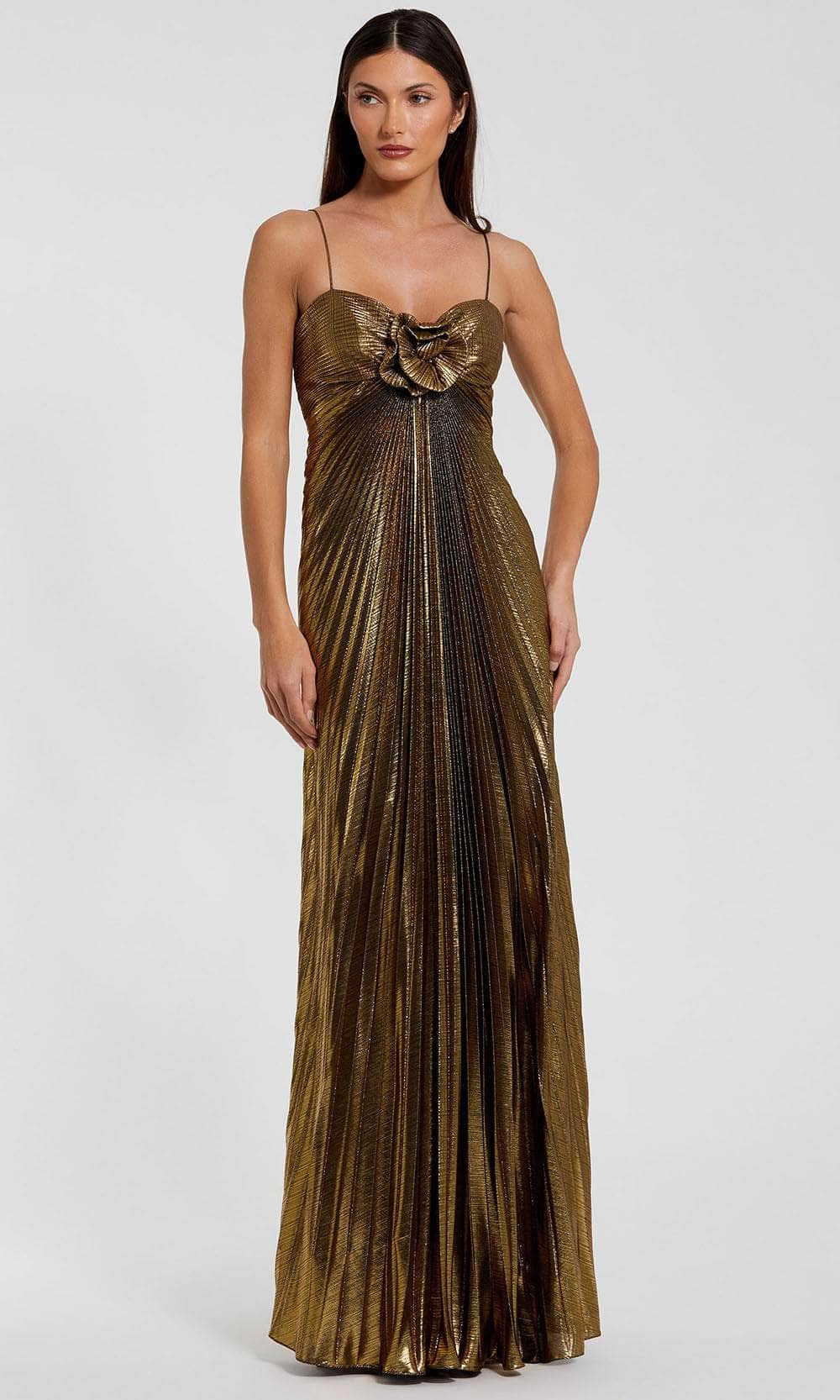 Mac Duggal Metallic Pleated Gown With 3D Flower - Antique Gold Mac Duggal Metallic Pleated Gown With 3D Flower - Antique Gold