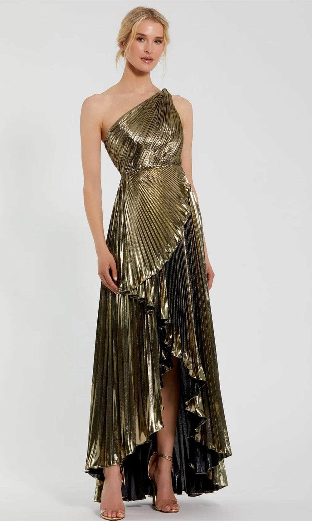 mac duggal gold ruffle dress Gold Strapless Pleated Metallic Layered Ruffle Gown