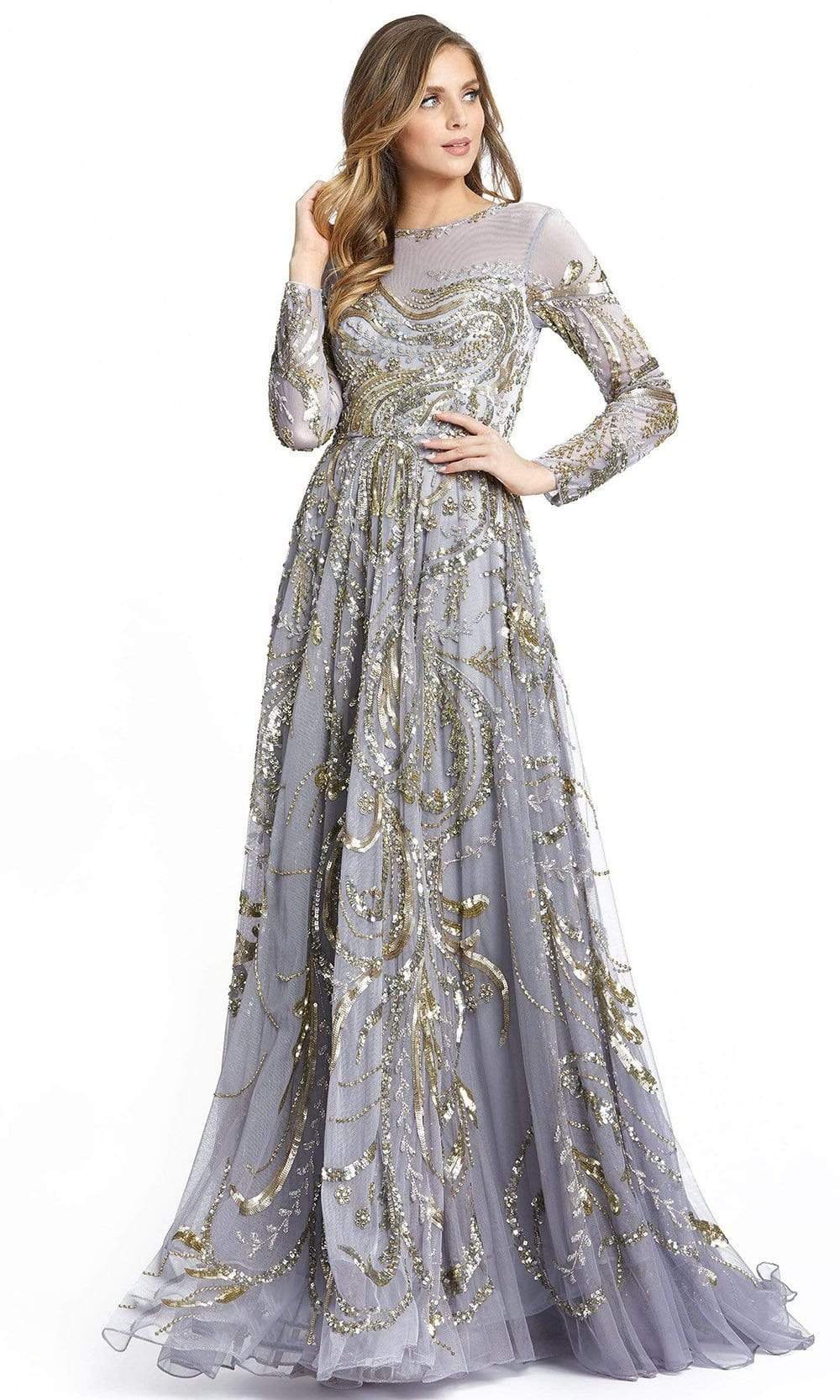 Mac Duggal - 5217 Illusion Neckline And Sleeve Embellished A-Line Gown Evening Dresses 0 / Platinum/Gold