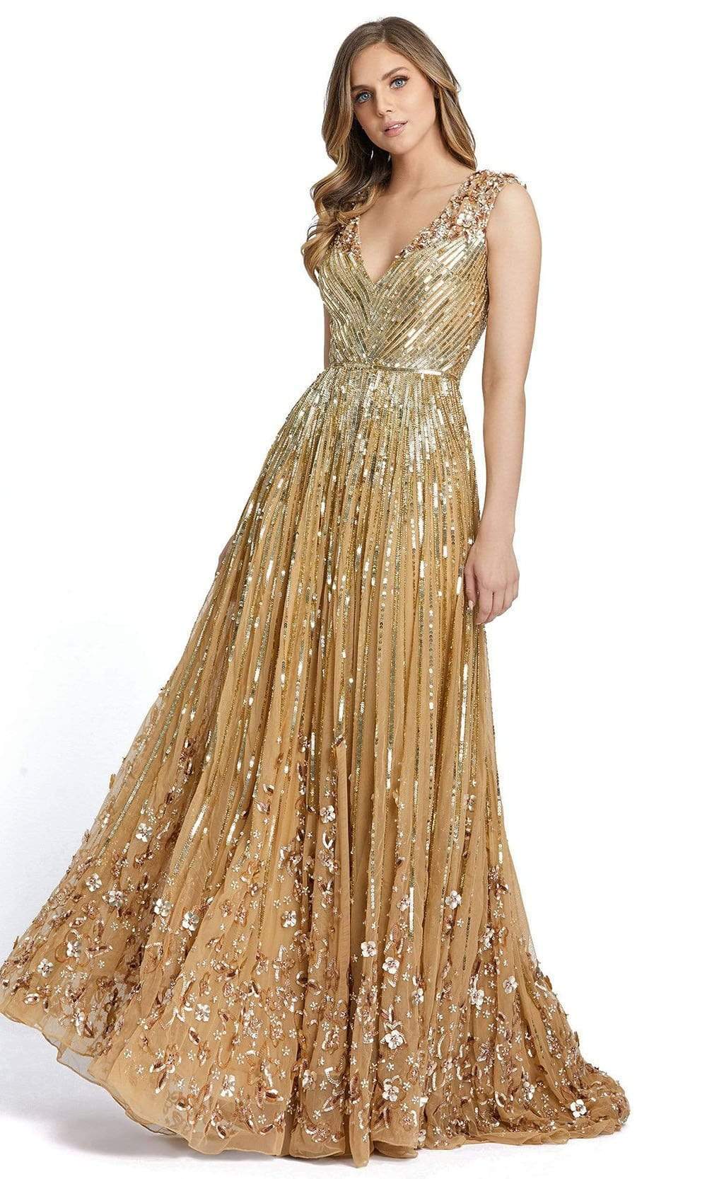 Mac Duggal 5223 - Long A-Line Dress - Sequin Embellished Net, 3D Floral Appliques, Cap Sleeve, Fitted Bodice, V Back, Fully Lined, Back Zipper ADASA Mac Duggal 5223 - Long A-Line Dress - Sequin Embellished Net, 3D Floral Appliques, Cap Sleeve, Fitted Bodice, V Back, Fully Lined, Back Zipper ADASA