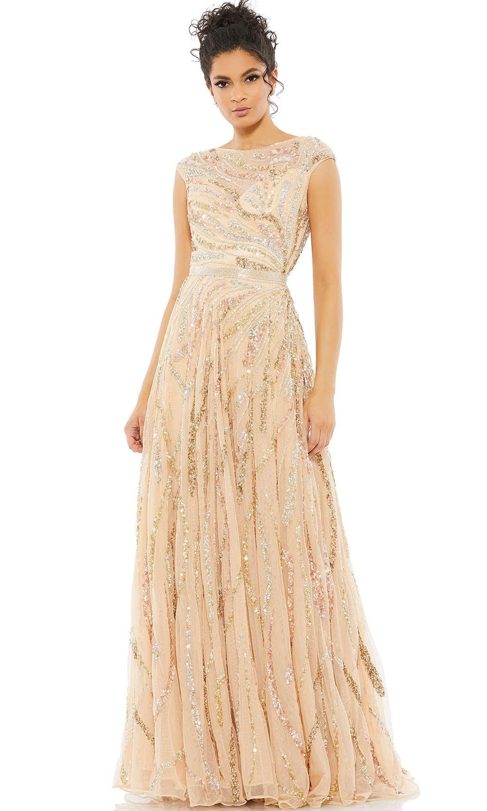 Mac Duggal 5445 - Cap Sleeve Beaded Evening Gown | Couture Candy Special Occasion Dress 2 / Beige / Multi