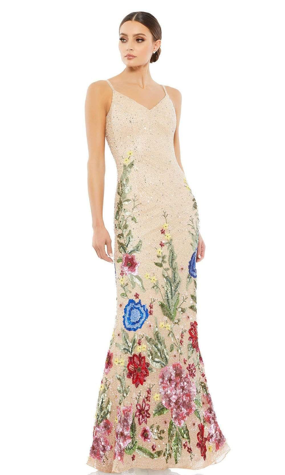 Mac Duggal - 5475 V-Neck Floral Appliqued Dress Evening Dresses 0 / Nude/Multi