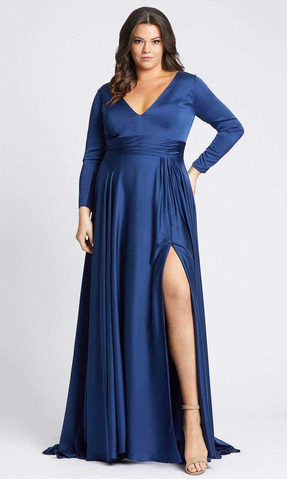 Mac Duggal - 55290 Pleated Band A-Line Slit Dress Prom Dresses 12W / Midnight Blue