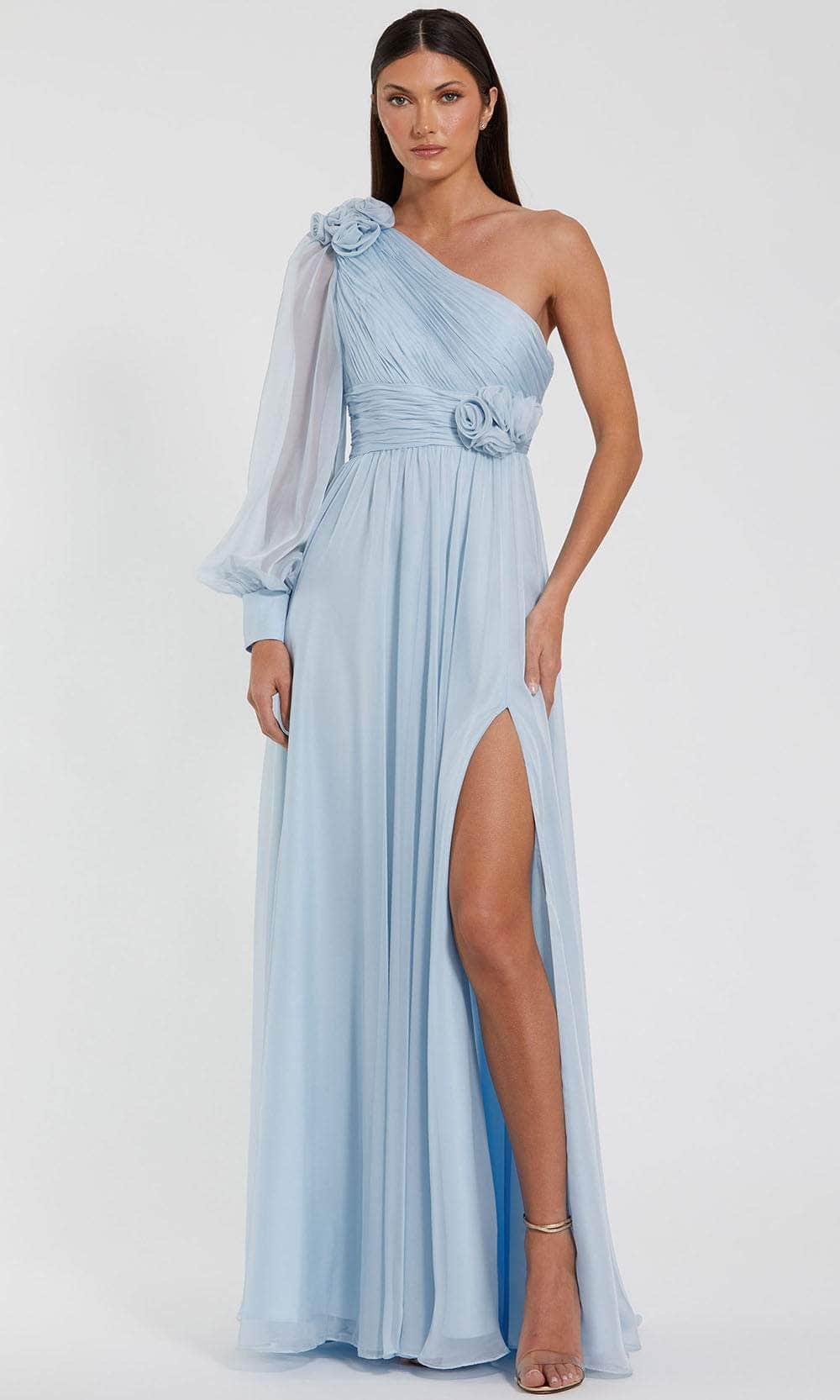 Blue One Sleeve A-Line Chiffon Gown With 3D Flowers - Mac Duggal Powder Blue / US 16 Blue One Sleeve A-Line Chiffon Gown With 3D Flowers - Mac Duggal Powder Blue / US 16