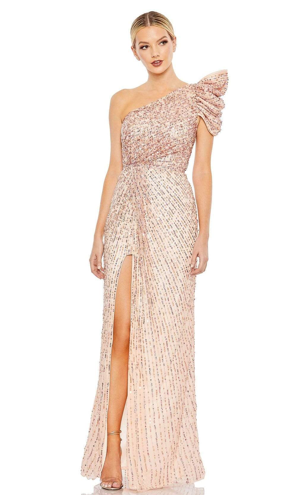 Mac Duggal - 5622 Draped Sleeve Sequin Gown Evening Dresses 2 / Apricot
