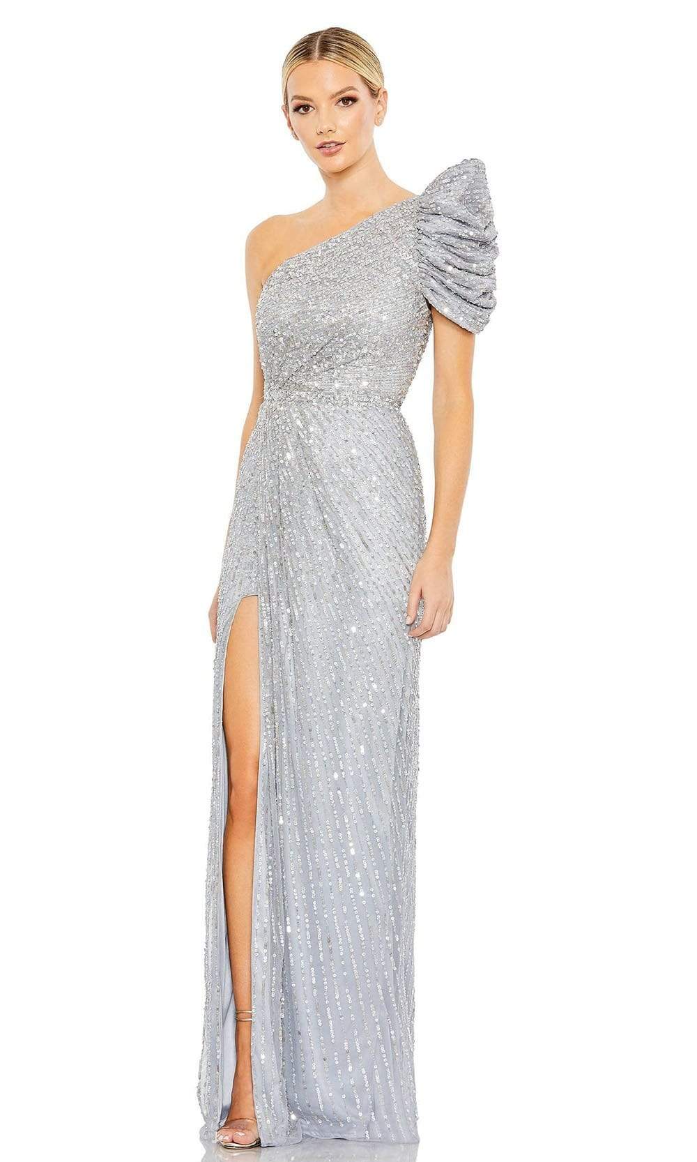 Mac Duggal - 5622 Draped Sleeve Sequin Gown Evening Dresses 2 / Silver