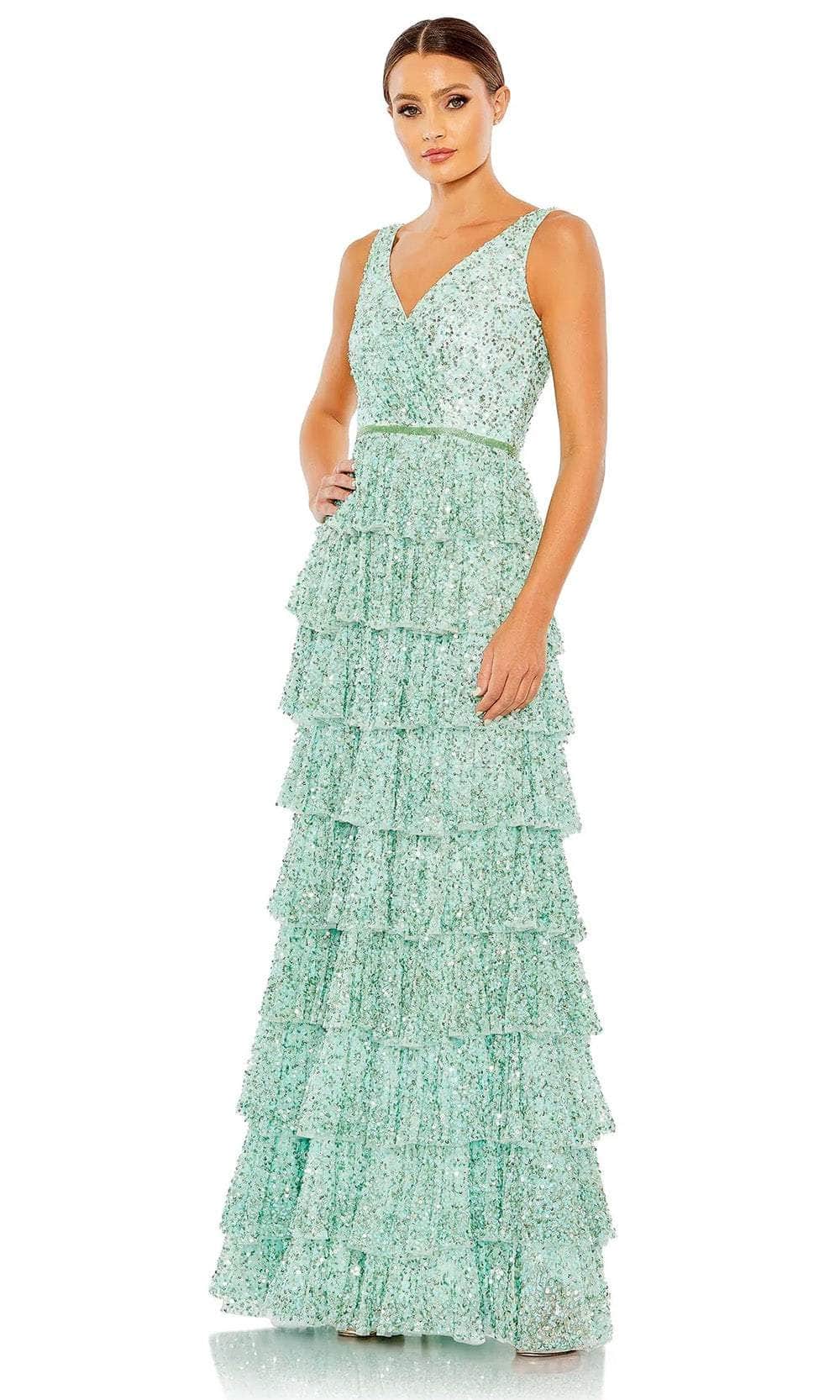 mac duggal sleeveless tiered maxi dress Pink Sleeveless Tiered Ruffle Floral Maxi Dress