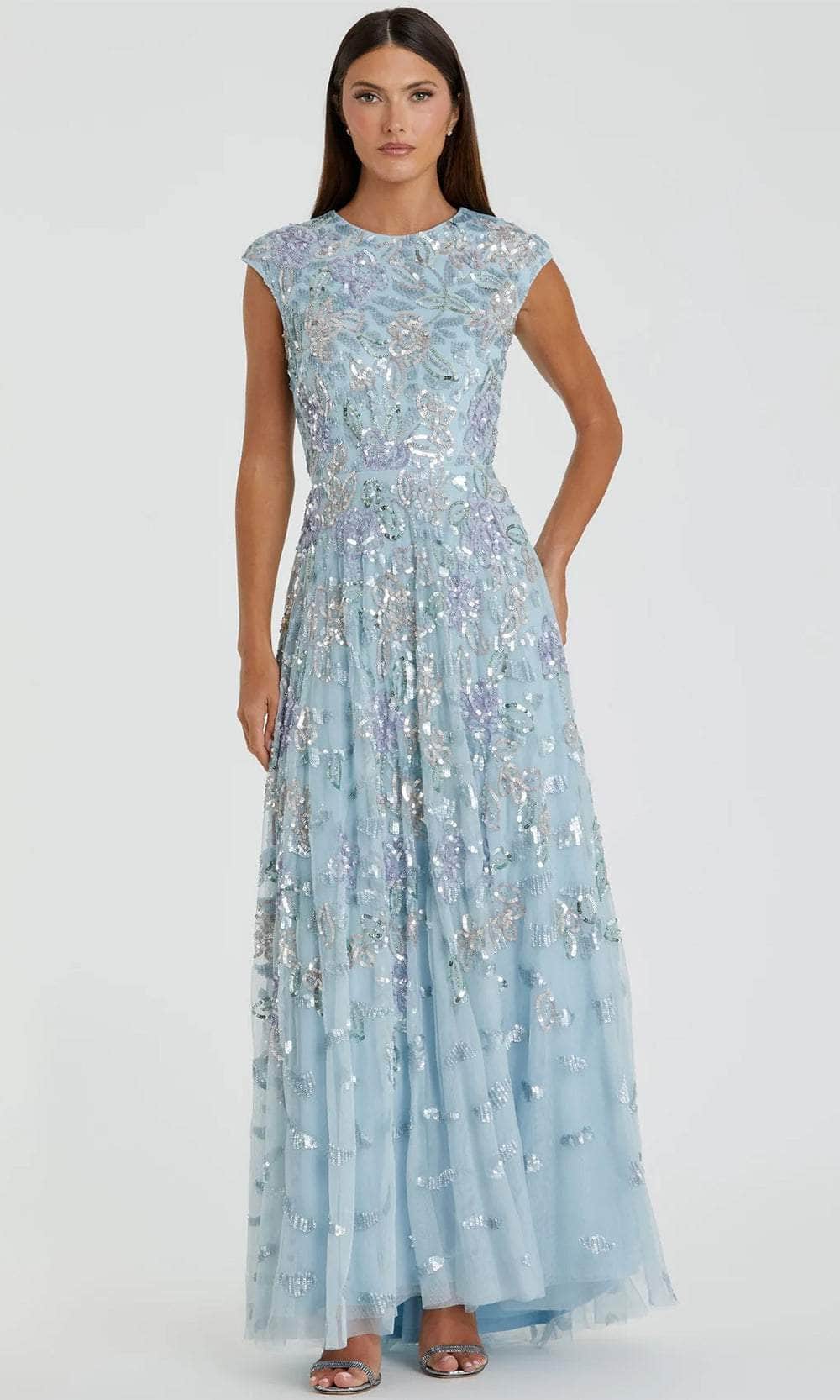 Mac Duggal Sequined High Neck Cap Sleeve A Line Gown - Ice Blue Multi Mac Duggal Sequined High Neck Cap Sleeve A Line Gown - Ice Blue Multi