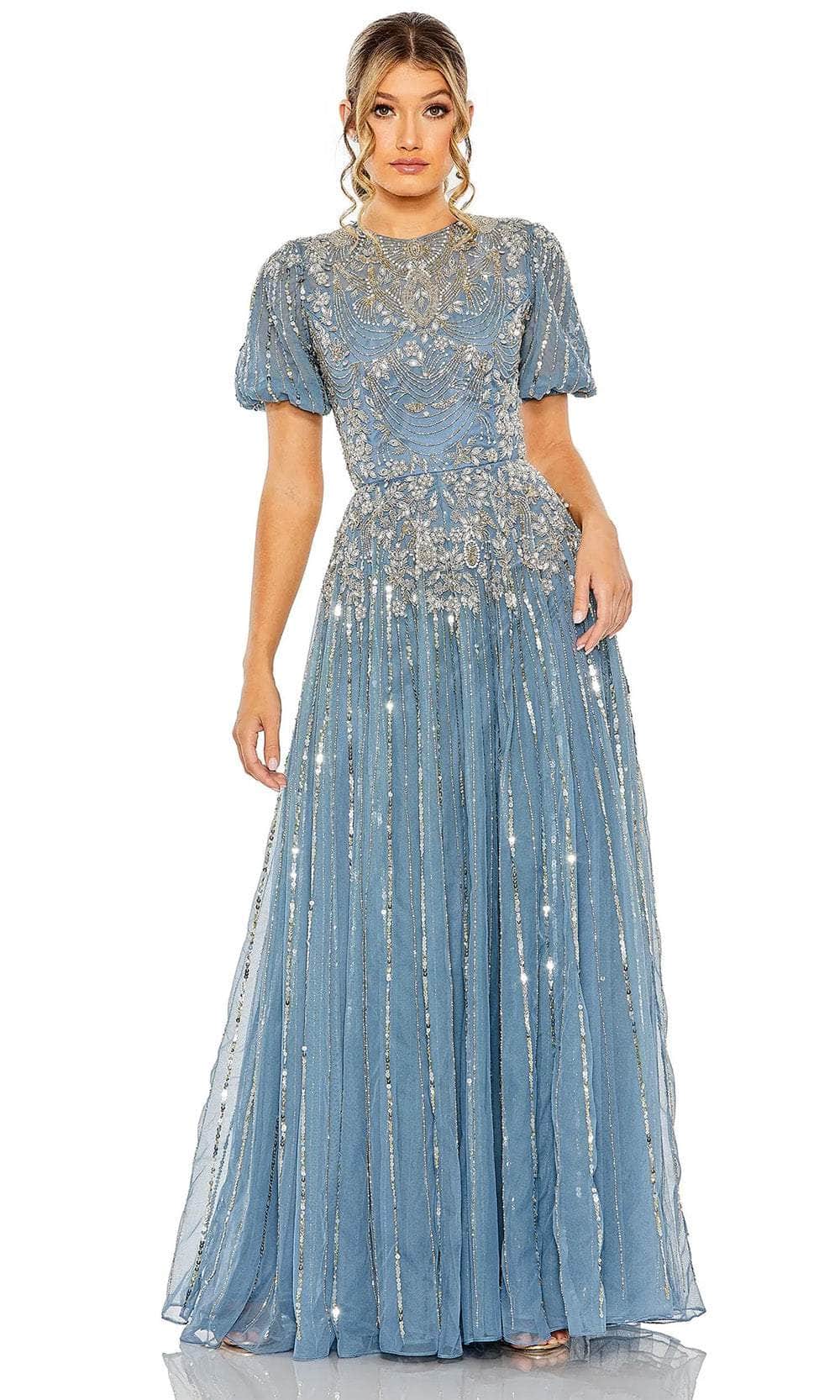 Mac Duggal 5991 - Long Hand Embellished Mesh Overlay A-Line Dress - Short Puff Sleeves, Floral Beading, Striped Sequin Detail, Full Back, Concealed Zipper Closure, Sweep Traub ADASA Mac Duggal 5991 - Long Hand Embellished Mesh Overlay A-Line Dress - Short Puff Sleeves, Floral Beading, Striped Sequin Detail, Full Back, Concealed Zipper Closure, Sweep Traub ADASA