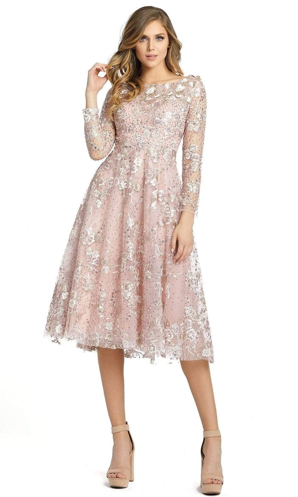 Mac Duggal - 67501 Bateau Neck Floral Tea Length Cocktail Dresses 0 / Rose