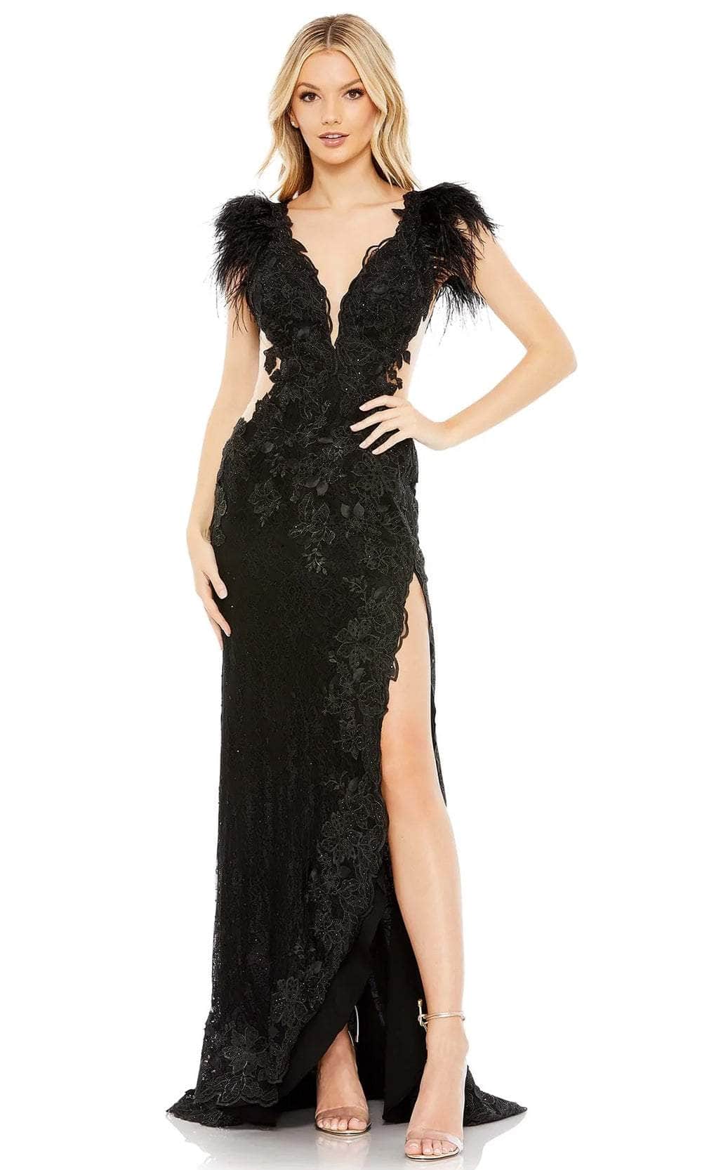 mac duggal black prom dress Mac Duggal - Sheer Applique Bustier Gown with Feather Straps